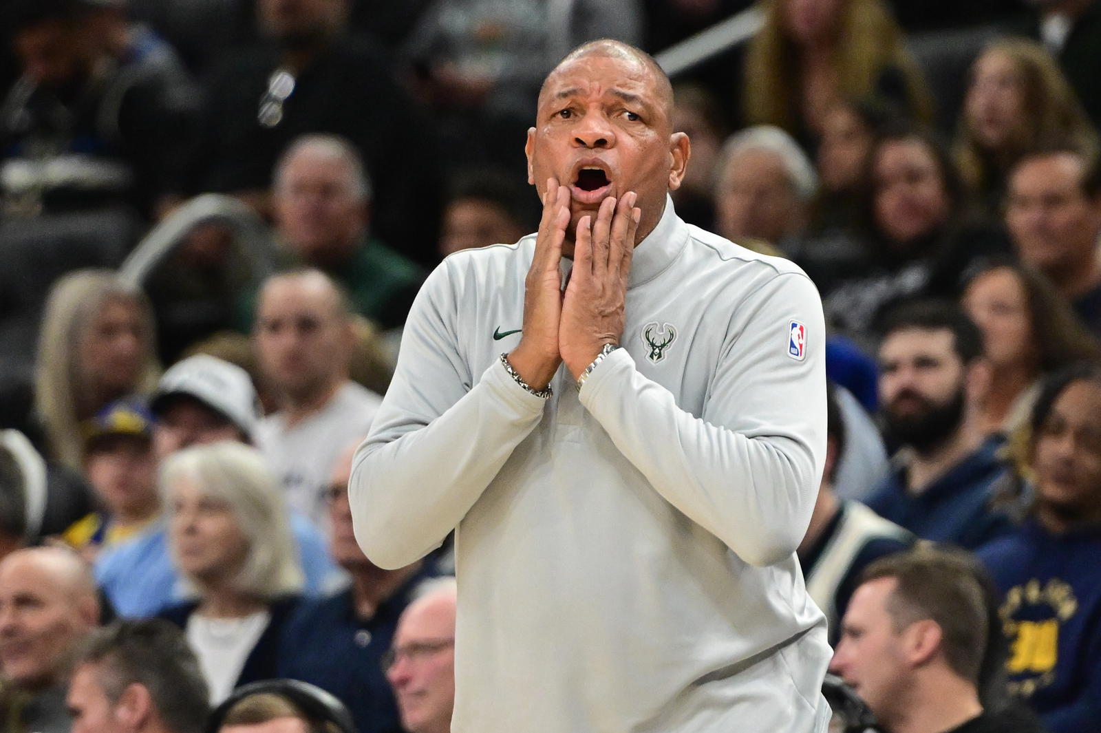 Milwaukee Bucks head coach Doc Rivers reacts in the second quarter against the Golden State Warriors at Fiserv Forum. Benny Sieu-Imagn Images