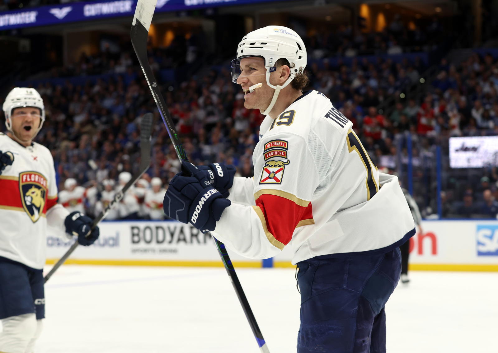 Apr 22, 2025; Tampa, Florida, USA; Florida Panthers left wing Matthew Tkachuk (19) celebrates after he scored a goal against the Tampa Bay Lightning during the second period in game one of the first round of the 2025 Stanley Cup Playoffs at Amalie Arena. (Kim Klement Neitzel-Imagn Images)