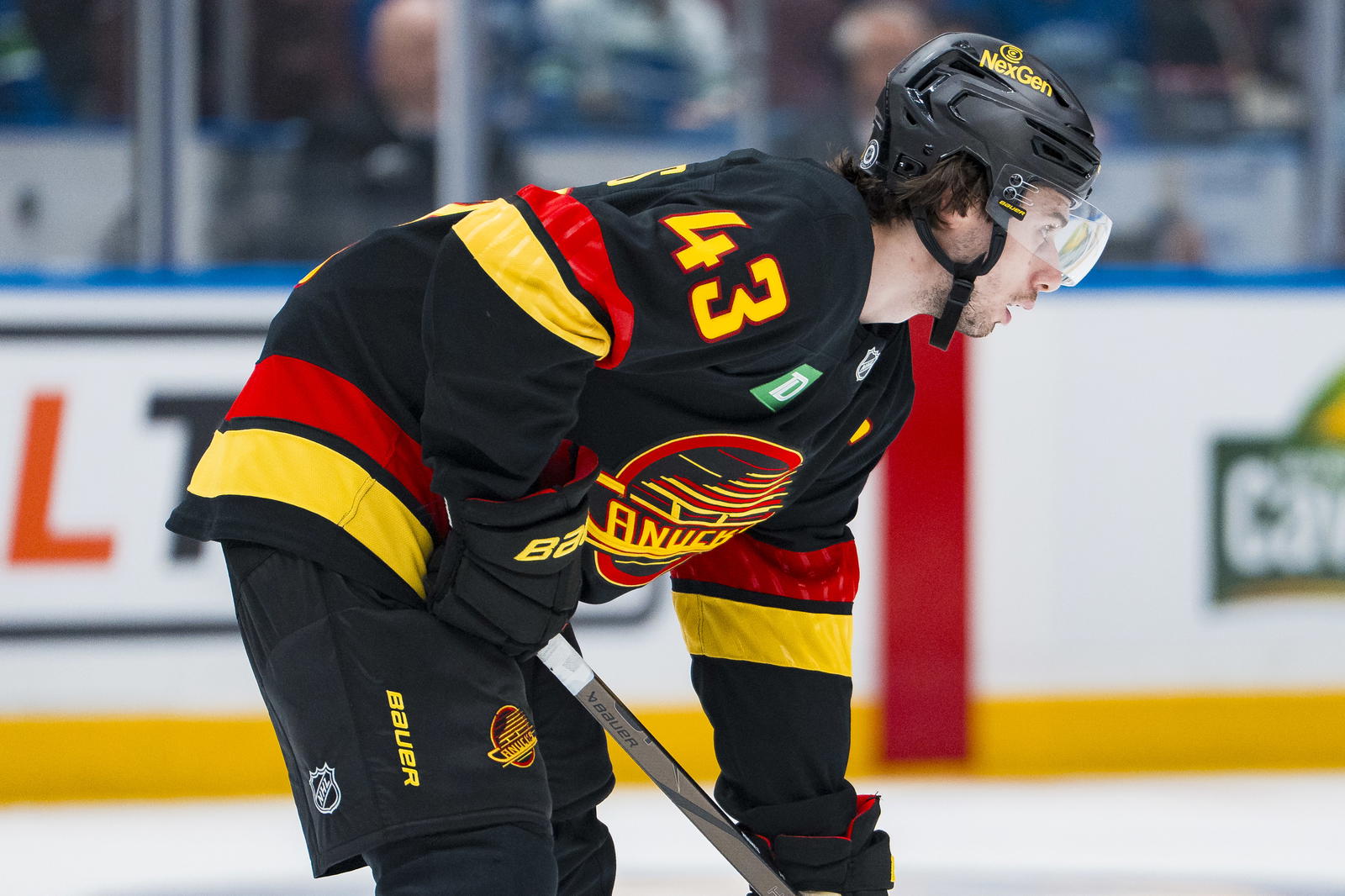 Apr 6, 2025; Vancouver, British Columbia, CAN; Vancouver Canucks defenseman Quinn Hughes (43) during a stop in play against the Vegas Golden Knights in the third period at Rogers Arena. Mandatory Credit: Bob Frid-Imagn Images