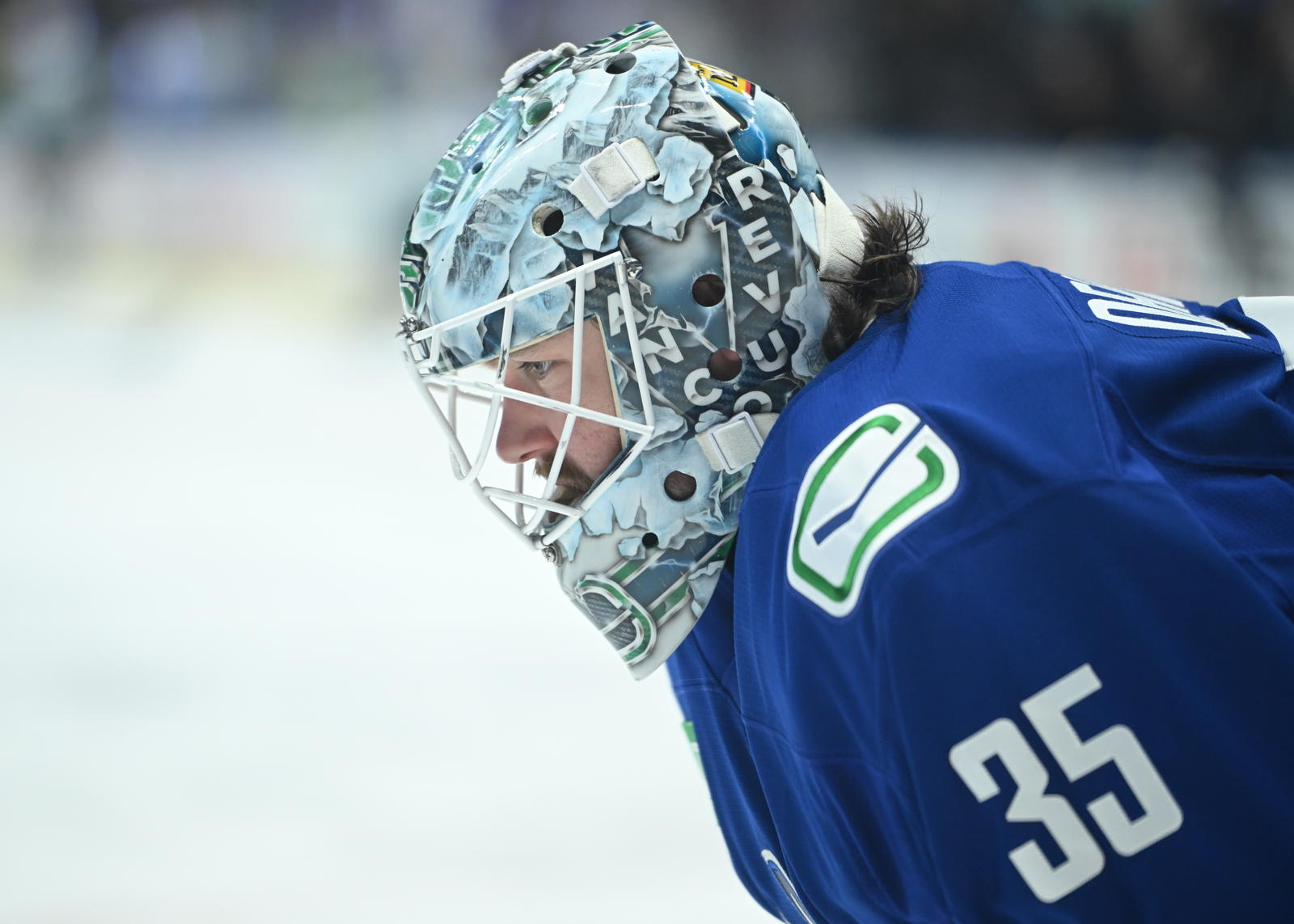 Apr 2, 2025; Vancouver, British Columbia, CAN;Vancouver Canucks goaltender Thatcher Demko (35) during pre game warm up against the Seattle Kraken at Rogers Arena. Mandatory Credit: Simon Fearn-Imagn Images