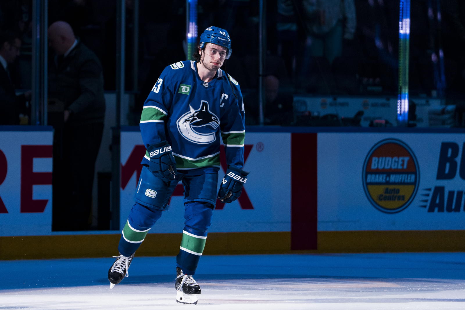 Apr 14, 2025; Vancouver, British Columbia, CAN; Vancouver Canucks defenseman Quinn Hughes (43) skates out as the third star of the game against the San Jose Sharks at Rogers Arena. Mandatory Credit: Bob Frid-Imagn Images