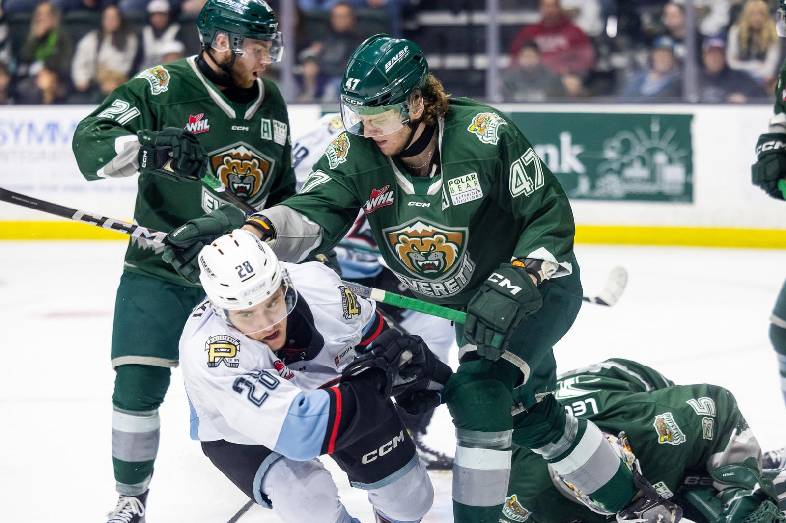 Kaden Hammell (#47) during Game 7 of WHL semi-finals in Everett, WA on April 22, 2025. Photo by Andy Glass | Come As You Are Hockey
