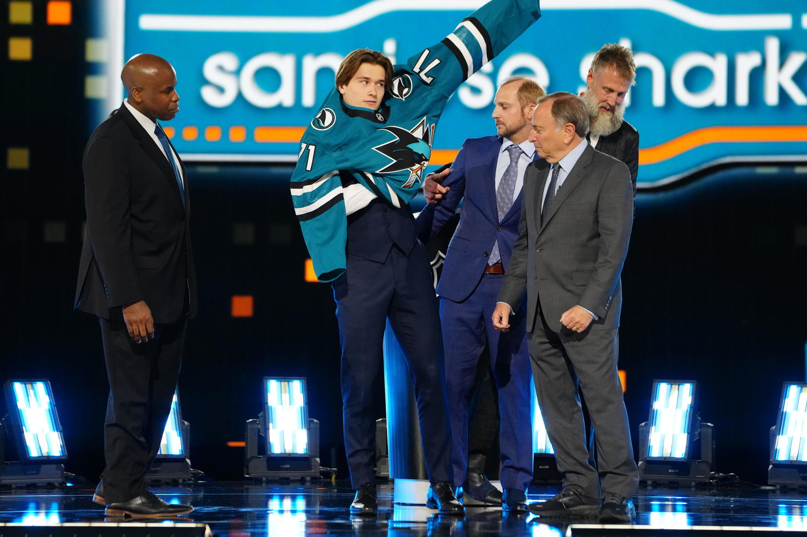 Jun 28, 2024; Las Vegas, Nevada, USA; Macklin Celebrini is selected with the 1st overall pick in the first round of the 2024 NHL Draft by the San Jose Sharks at The Sphere. Mandatory Credit: Stephen R. Sylvanie-Imagn Images