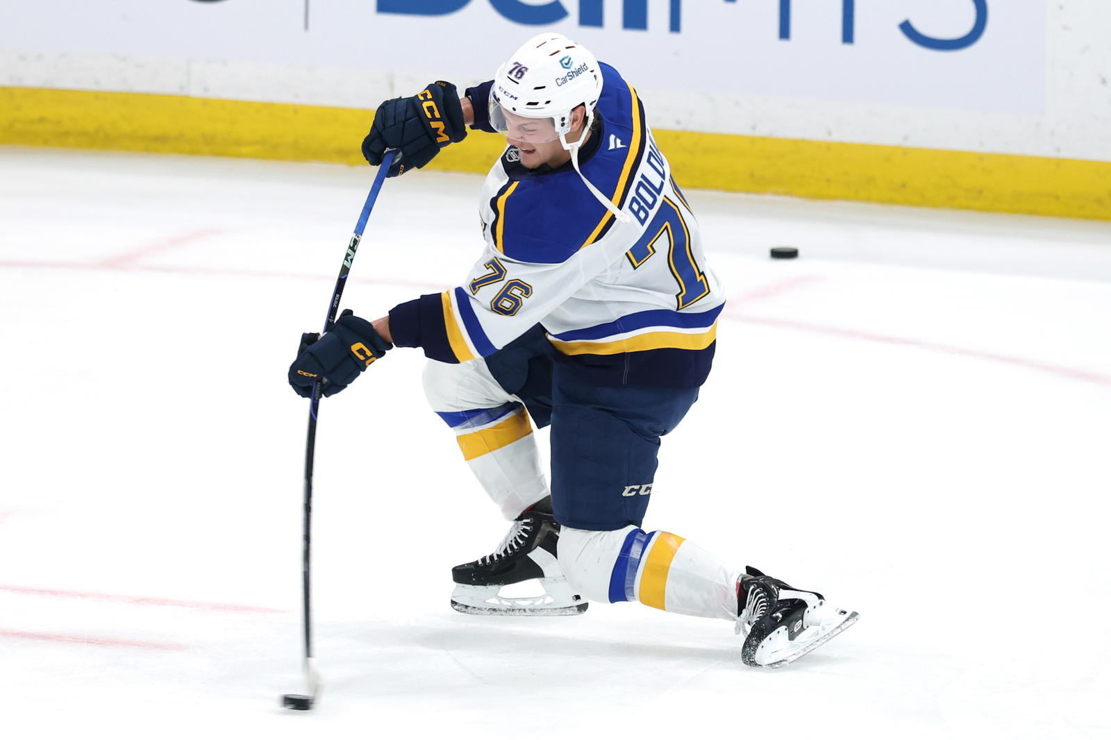 Zack Bolduc (76) was traded to the Montreal Canadiens for defenseman Logan Mailloux on Tuesday after scoring 19 goals in 72 games last season for the St. Louis Blues. (James Carey Lauder-Imagn Images)