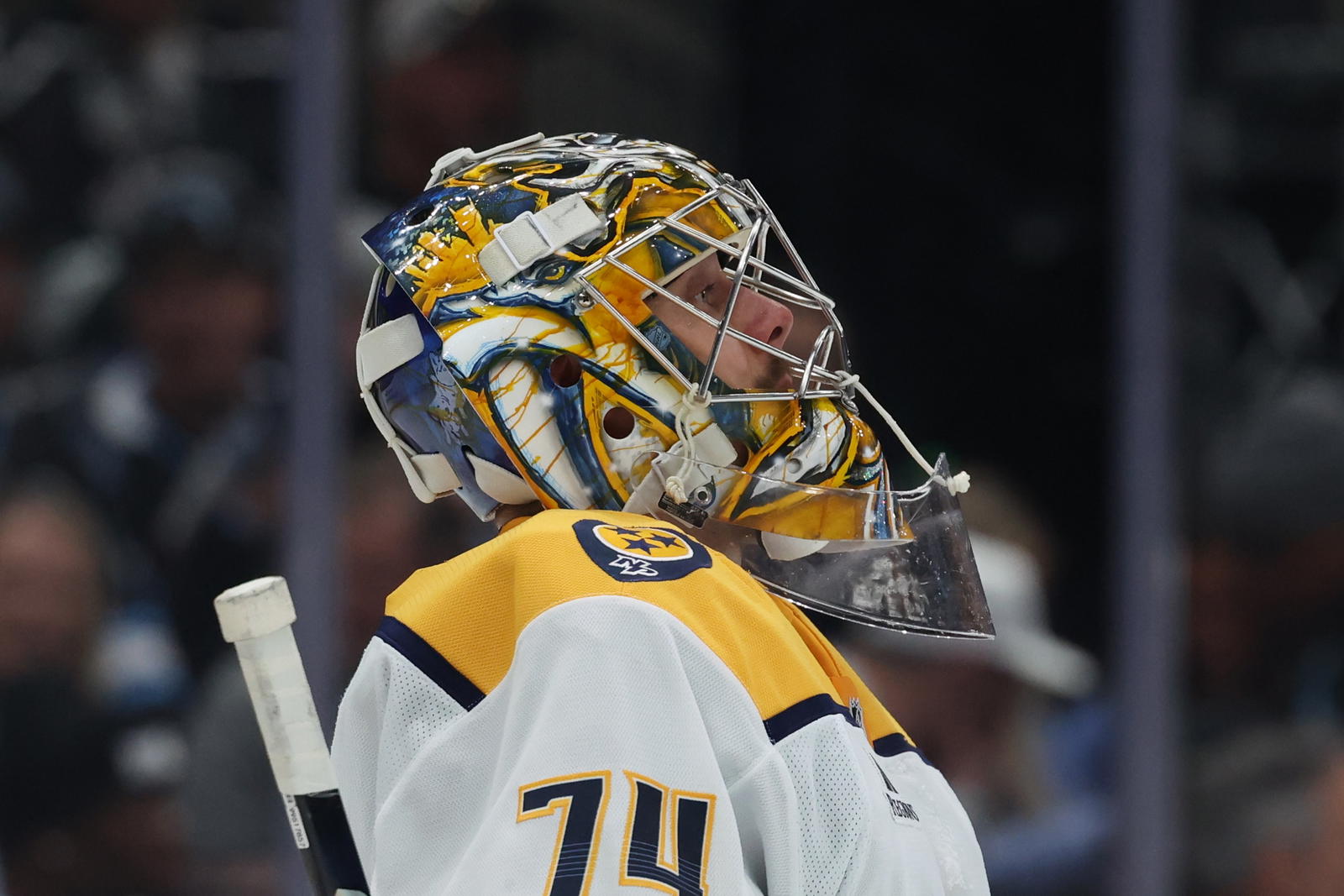 Apr 10, 2025; Salt Lake City, Utah, USA; Nashville Predators goaltender Juuse Saros checks the scoreboard during the second period of the game against the Utah Hockey Club at Delta Center. Mandatory Credit: Rob Gray-Imagn Images