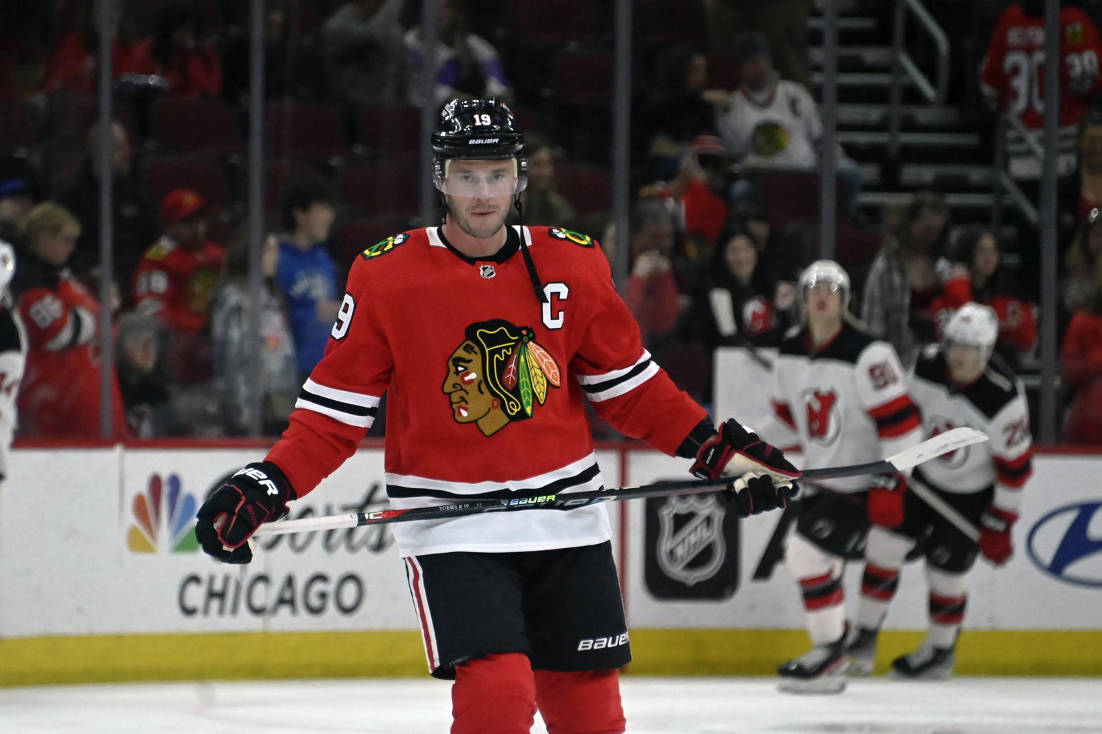 Apr 1, 2023; Chicago, Illinois, USA; Chicago Blackhawks center Jonathan Toews (19) warms up before the game against the New Jersey Devils at United Center. Mandatory Credit: Matt Marton-Imagn Images