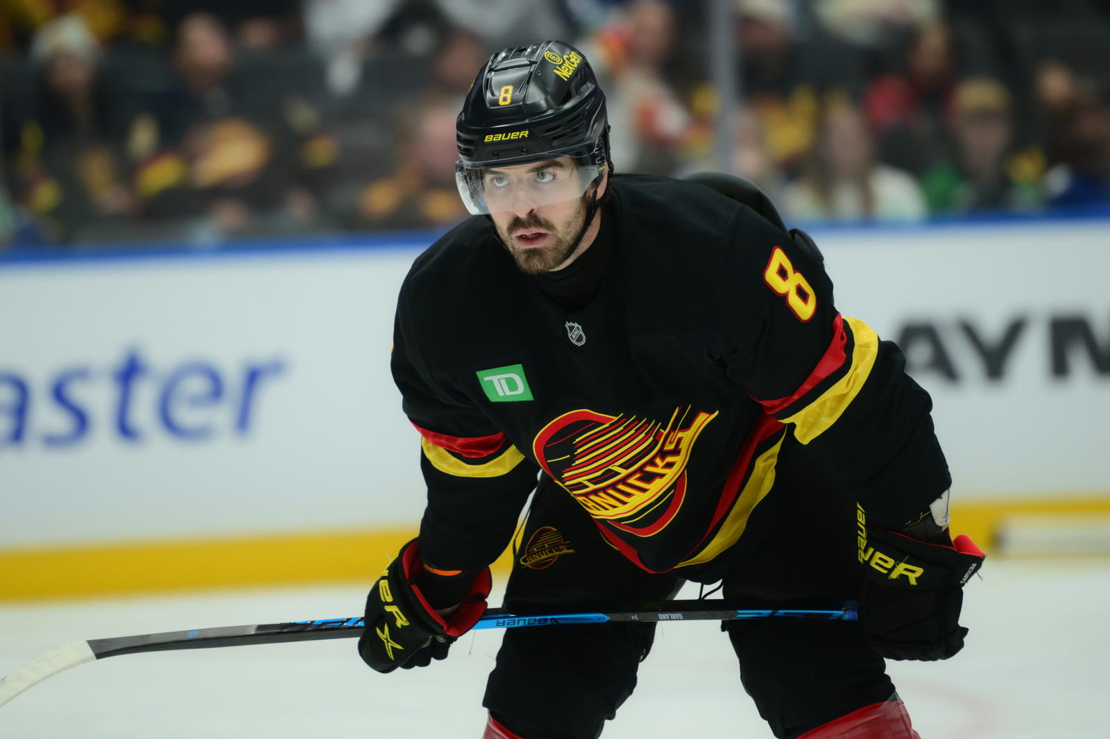 Nov 23, 2025; Vancouver, British Columbia, CAN; Vancouver Canucks right wing Conor Garland (8) defends against Vancouver Canucks center Linus Karlsson (94) during the third period at Rogers Arena. Mandatory Credit: Simon Fearn-Imagn Images