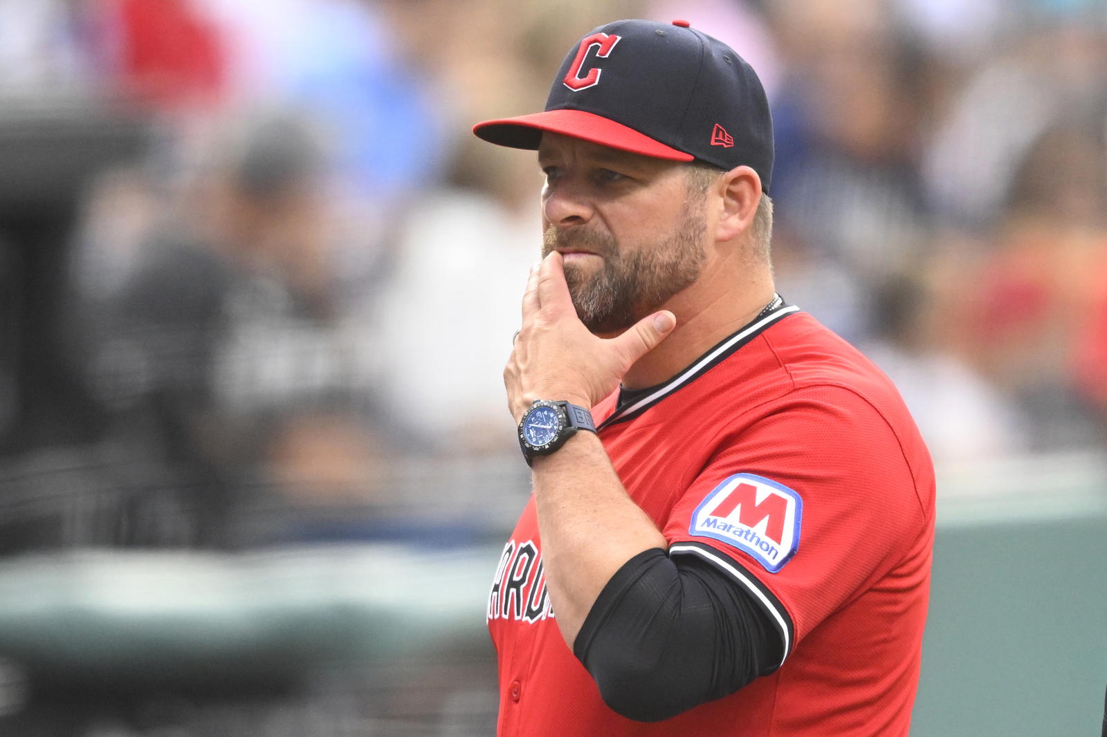 Jul 30, 2025; Cleveland, Ohio, USA; Cleveland Guardians manager Stephen Vogt (12) in the second inning against the Colorado Rockies at Progressive Field. Mandatory Credit: David Richard-Imagn Images