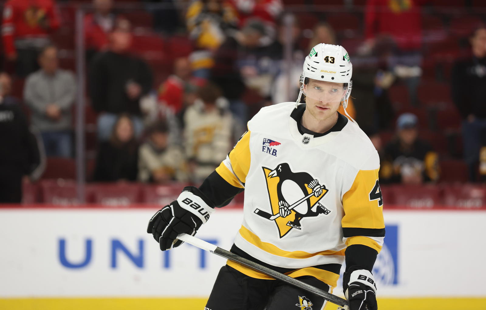 Apr 6, 2025; Chicago, Illinois, USA; Pittsburgh Penguins left wing Danton Heinen (43) warms up before a game against the Chicago Blackhawks at United Center. Mandatory Credit: Talia Sprague-Imagn Images