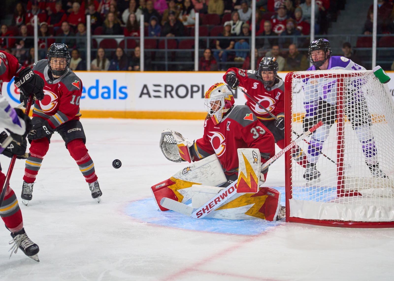 Gwyneth Philips prepares to make one of her 25 saves on the night -&nbsp;Photo @ Ellen Bond