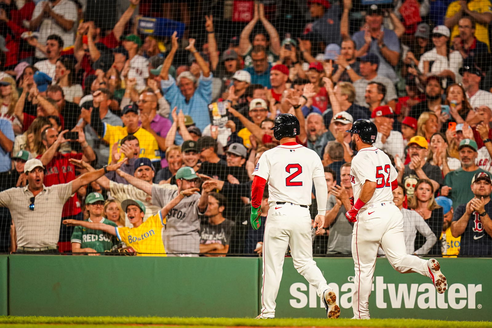 Aug 5, 2025; Boston, Massachusetts, USA; Boston Red Sox fans cheer on as Boston Red Sox outfielder Wilyer Abreu (52) scores against the Kansas City Royals in the sixth inning at Fenway Park. (David Butler II/Imagn Images)