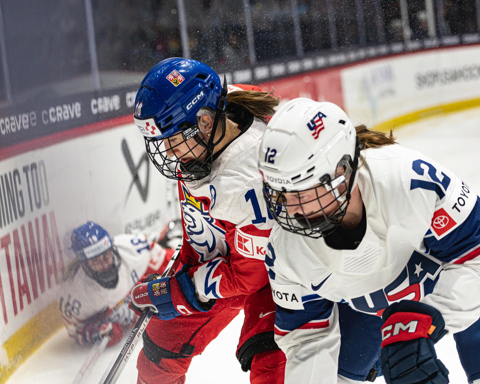 Czechia's Denisa Krizova and USA's Kelly Pannek collide at the Adirondack Bank Center in Utica, NY on Friday, April 5, 2024.