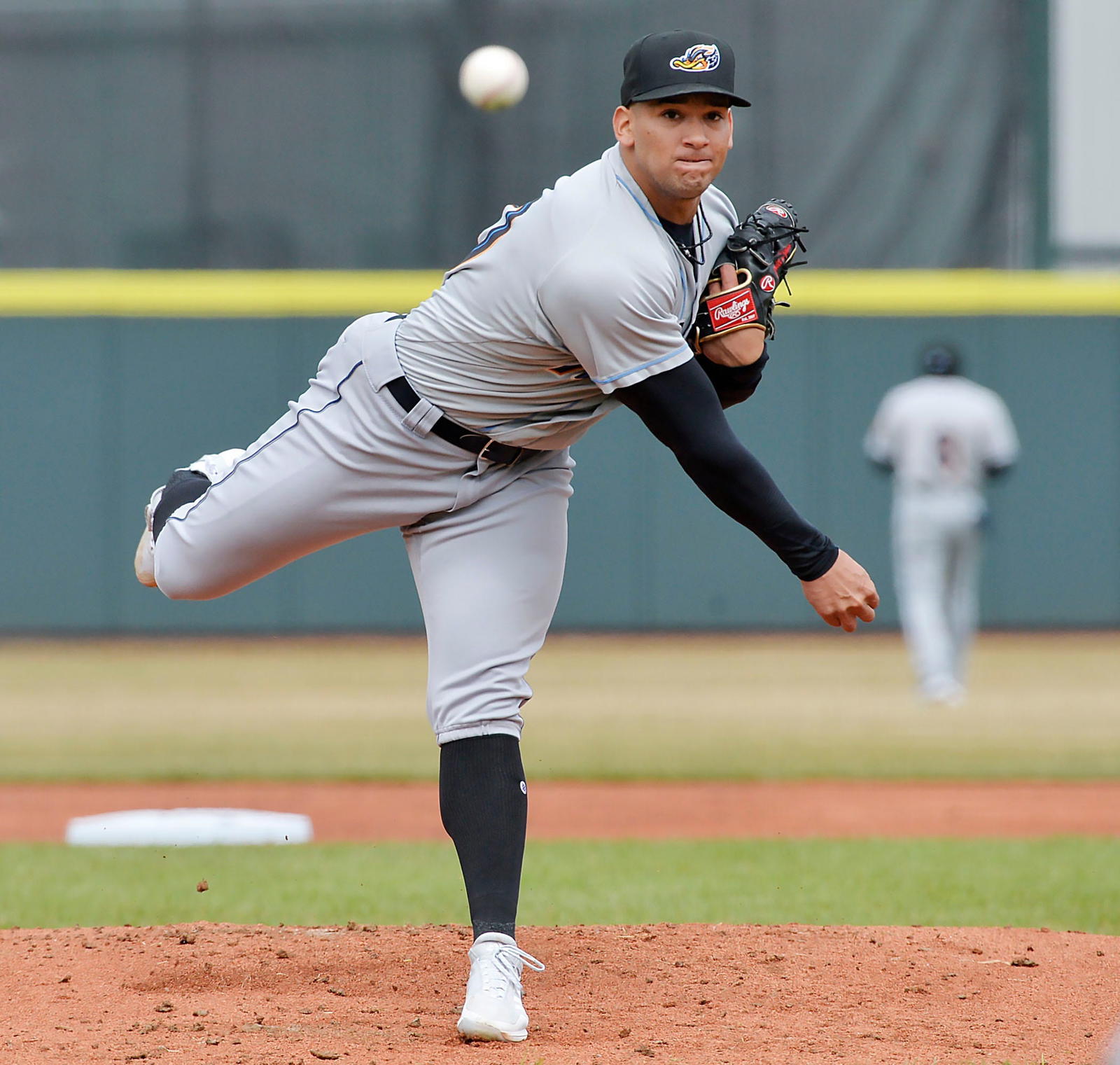 Akron RubberDucks pitcher Daniel Espino warms up between innings against the Erie SeaWolves at UPMC Park in Erie on April 9, 2022. P7seawolves040922 Syndication Goerie Com