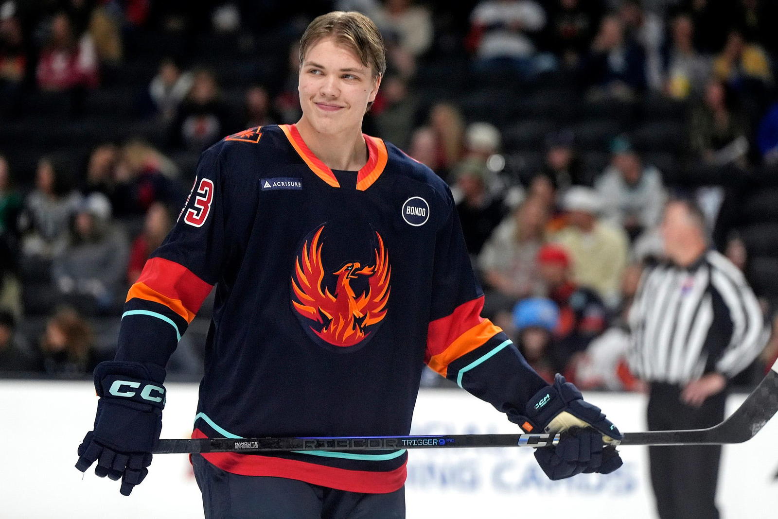 Coachella Valley Firebirds forward Jani Nyman participates in the American Hockey League 2025 All-Star Classic Skills Competition at Acrisure Arena in Palm Desert, Calif., on Sunday, Feb. 2, 2025.