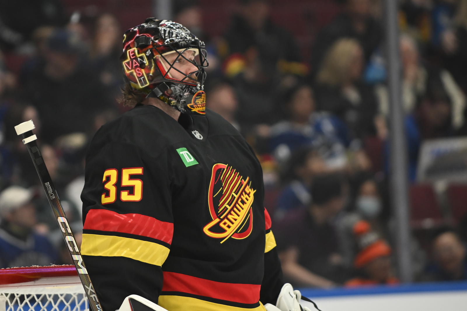 Apr 5, 2025; Vancouver, British Columbia, CAN; Vancouver Canucks goaltender Thatcher Demko (35) looks on during the first period against the Anaheim Ducks at Rogers Arena. Mandatory Credit: Anne-Marie Sorvin-Imagn Images