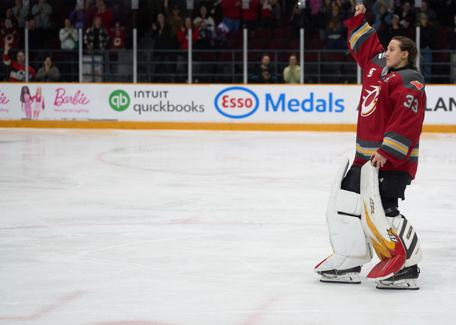 Ottawa Charge goalie Gwyneth Philips, named the game's second star, acknowledges fans after the win -&nbsp;Photo @ Ellen Bond