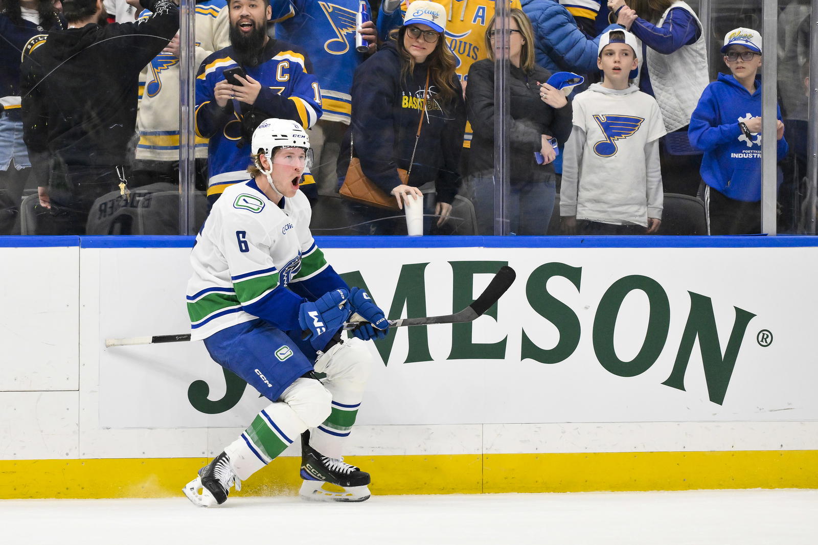 Mar 20, 2025; St. Louis, Missouri, USA; Vancouver Canucks right wing Brock Boeser (6) reacts after scoring the game tying goal against the St. Louis Blues during the third period at Enterprise Center. Mandatory Credit: Jeff Curry-Imagn Images