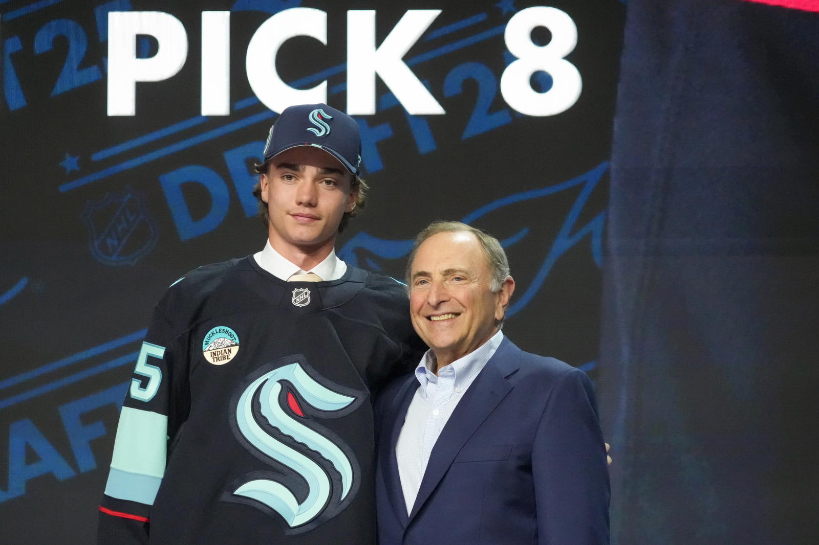 Jake O'Brien is selected as the eighth overall pick to the Seattle Kraken in the first round of the 2025 NHL Draft at Peacock Theater. Mandatory Credit: Kirby Lee-Imagn Images