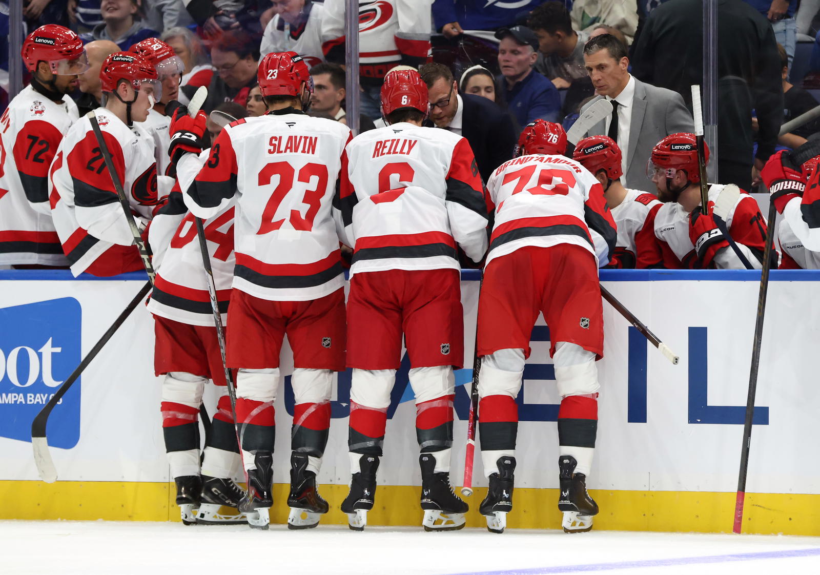 Sep 26, 2025; Tampa, Florida, USA; Carolina Hurricanes head coach Rod Brind'Amour talks with the team against the Tampa Bay Lightning during the second period at Benchmark International Arena. Mandatory Credit: Kim Klement Neitzel-Imagn Images