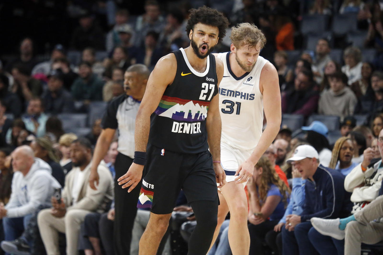 Denver Nuggets guard Jamal Murray (27) reacts after a three point basket during the fourth quarter against the Memphis Grizzlies at FedExForum.&nbsp;Petre Thomas-Imagn Images