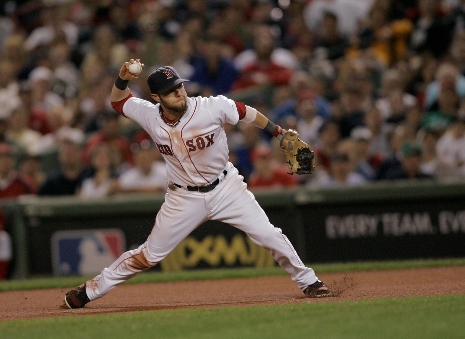 Aug 12, 2008; Boston, MA, USA; Boston Red Sox second baseman Dustin Pedroia (15) throws the ball to home plate in the sixth inning against the Texas Rangers at Fenway Park. (David Butler II/Imagn Images)