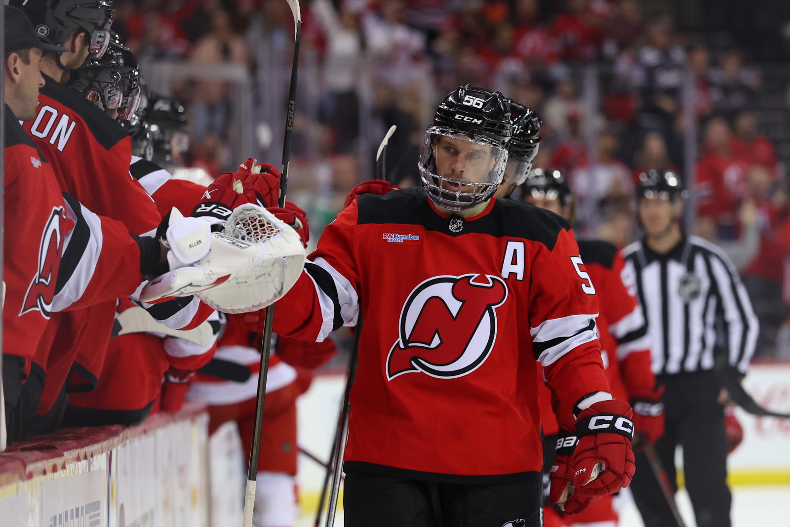 Apr 16, 2025; Newark, New Jersey, USA; New Jersey Devils left wing Erik Haula (56) celebrates his goal against the Detroit Red Wings during the third period at Prudential Center. Mandatory Credit: Ed Mulholland-Imagn Images