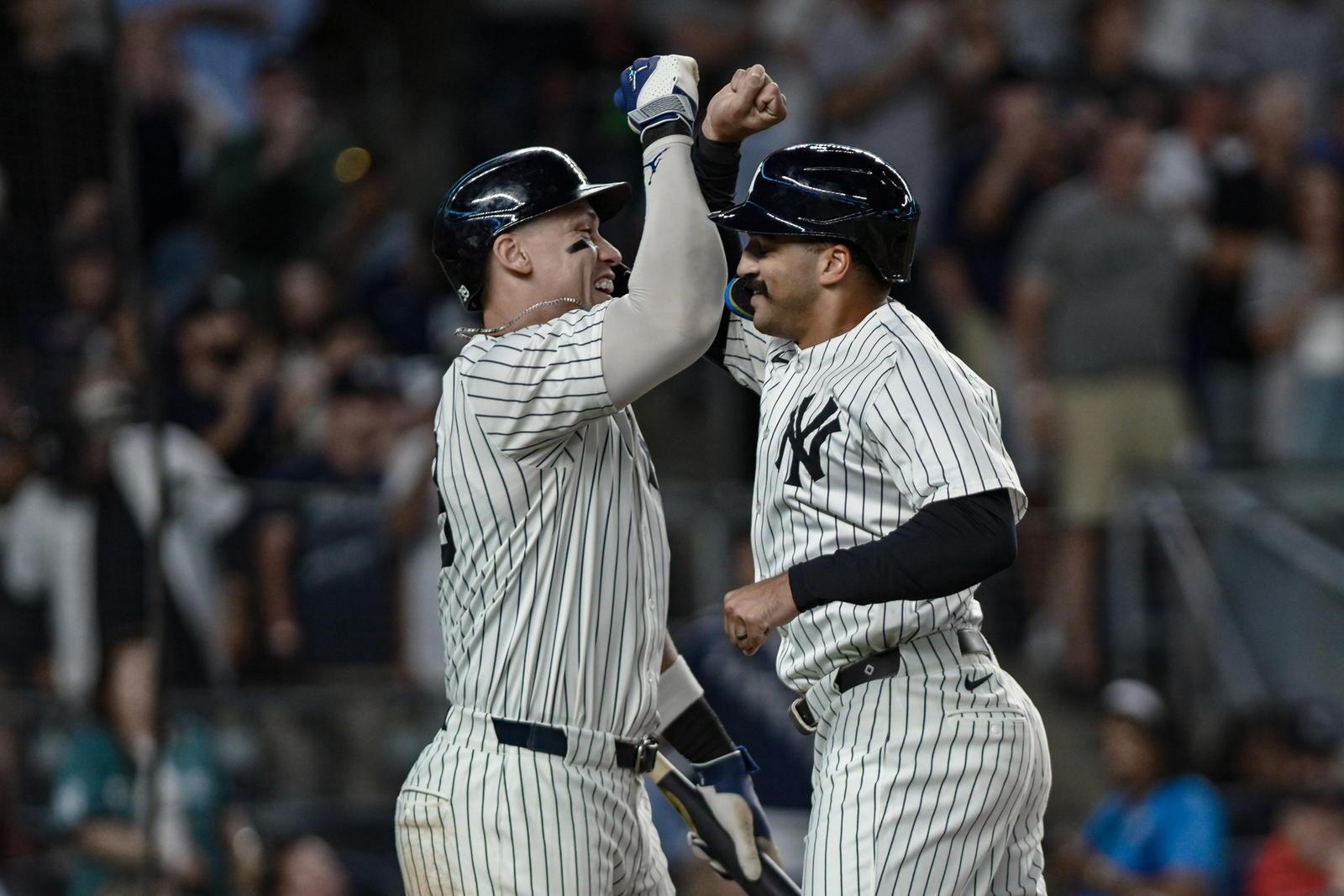 New York Yankees outfielders Aaron Judge and Trent Grisham. Credit: John Jones-Imagn Images.