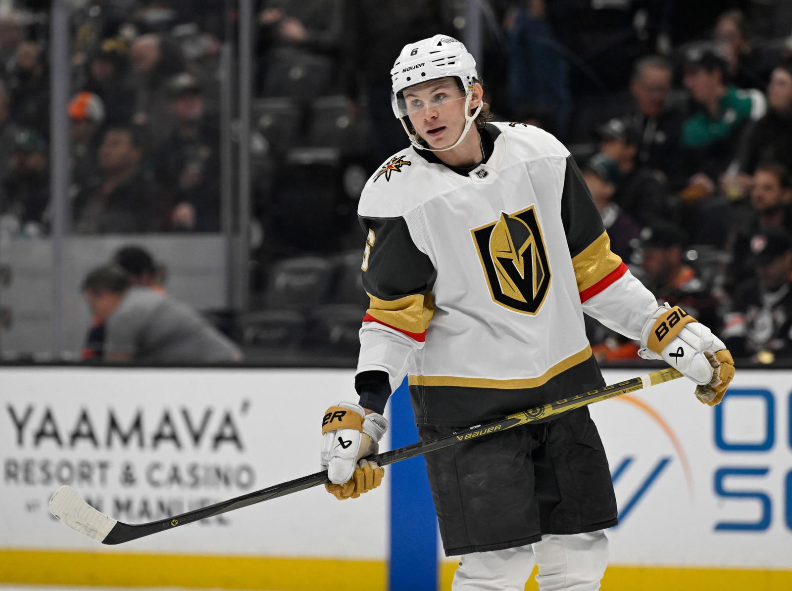 Vegas Golden Knights defenseman Kaedan Korczak (6) skates during the second period against the Anaheim Ducks at Honda Center. Mandatory Credit: Alex Gallardo-Imagn Images