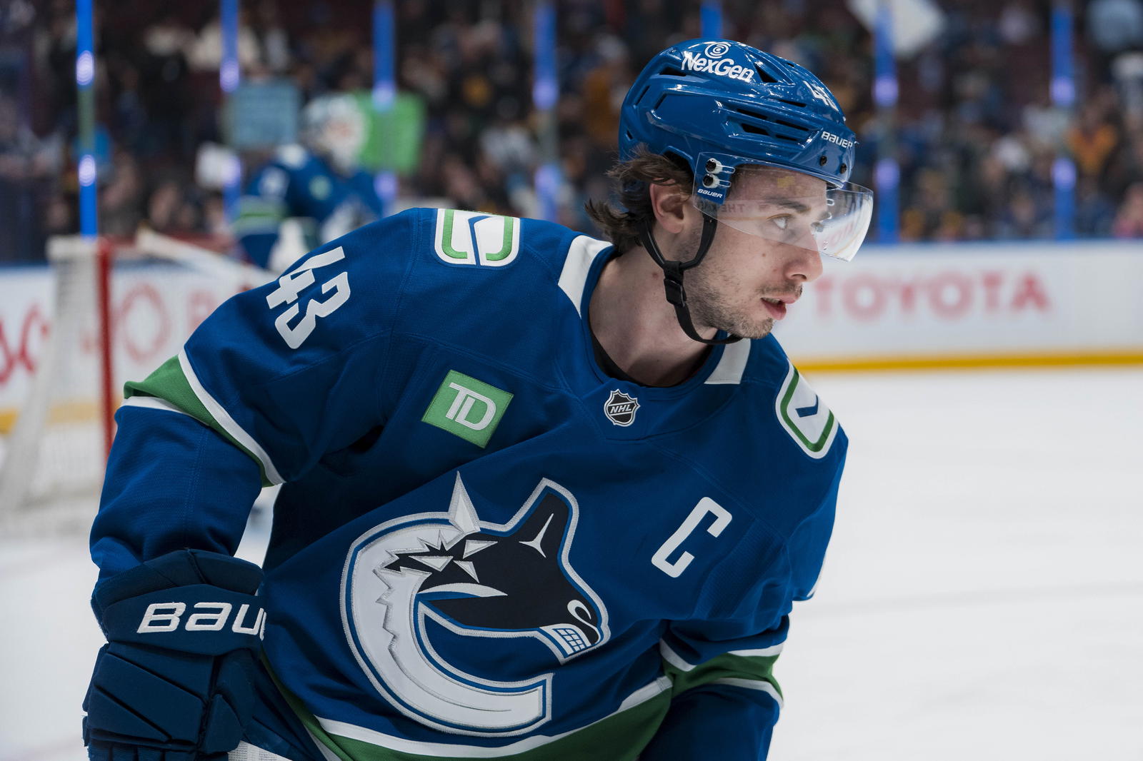 Mar 18, 2025; Vancouver, British Columbia, CAN; Vancouver Canucks defenseman Quinn Hughes (43) skates during warm up prior to a game against the Winnipeg Jets at Rogers Arena. Mandatory Credit: Bob Frid-Imagn Images