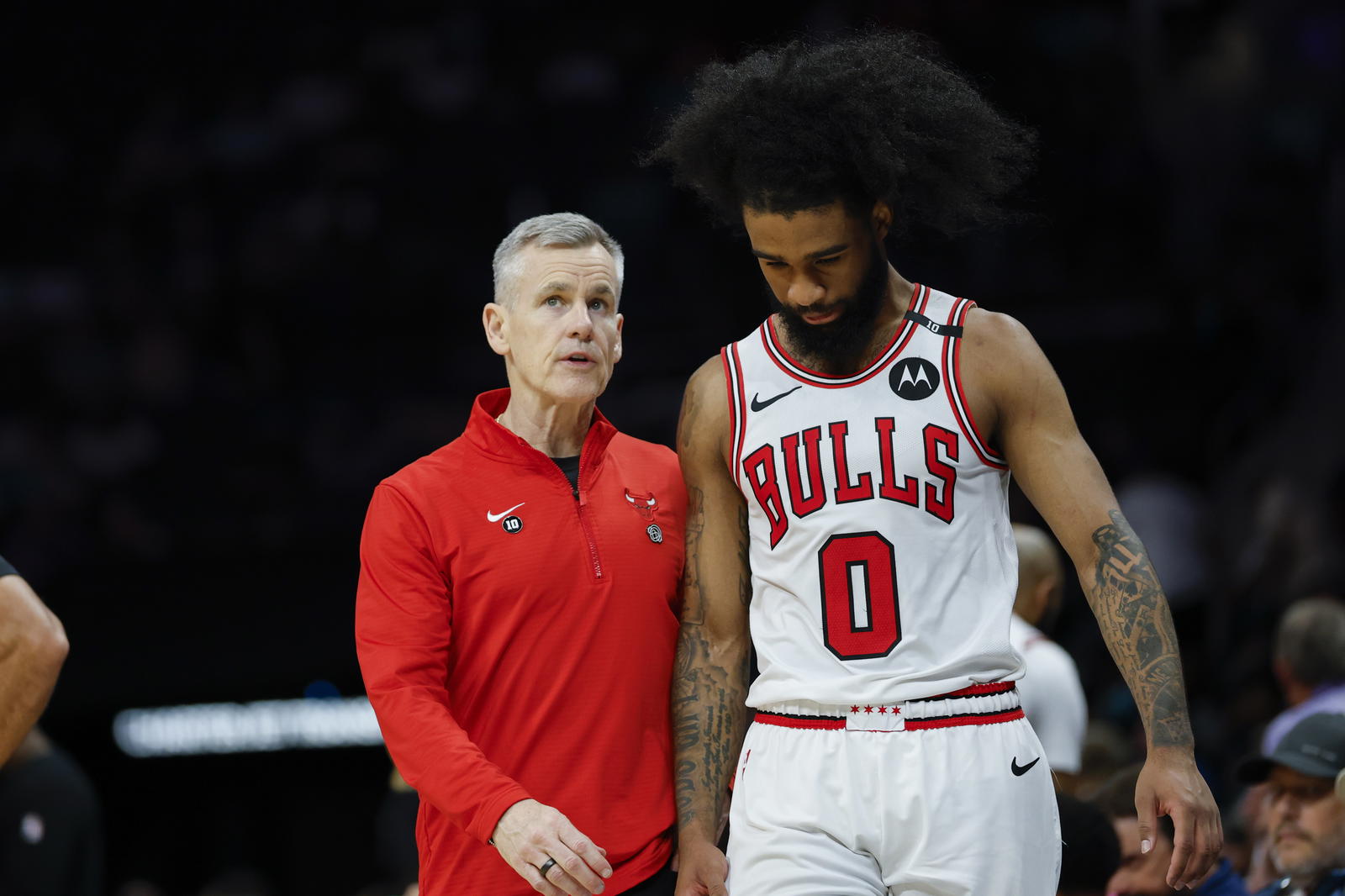 Apr 6, 2025; Charlotte, North Carolina, USA; Chicago Bulls head coach Billy Donovan talks to guard Coby White (0) during the second half against the Charlotte Hornets at Spectrum Center. Mandatory Credit: Nell Redmond-Imagn Images
