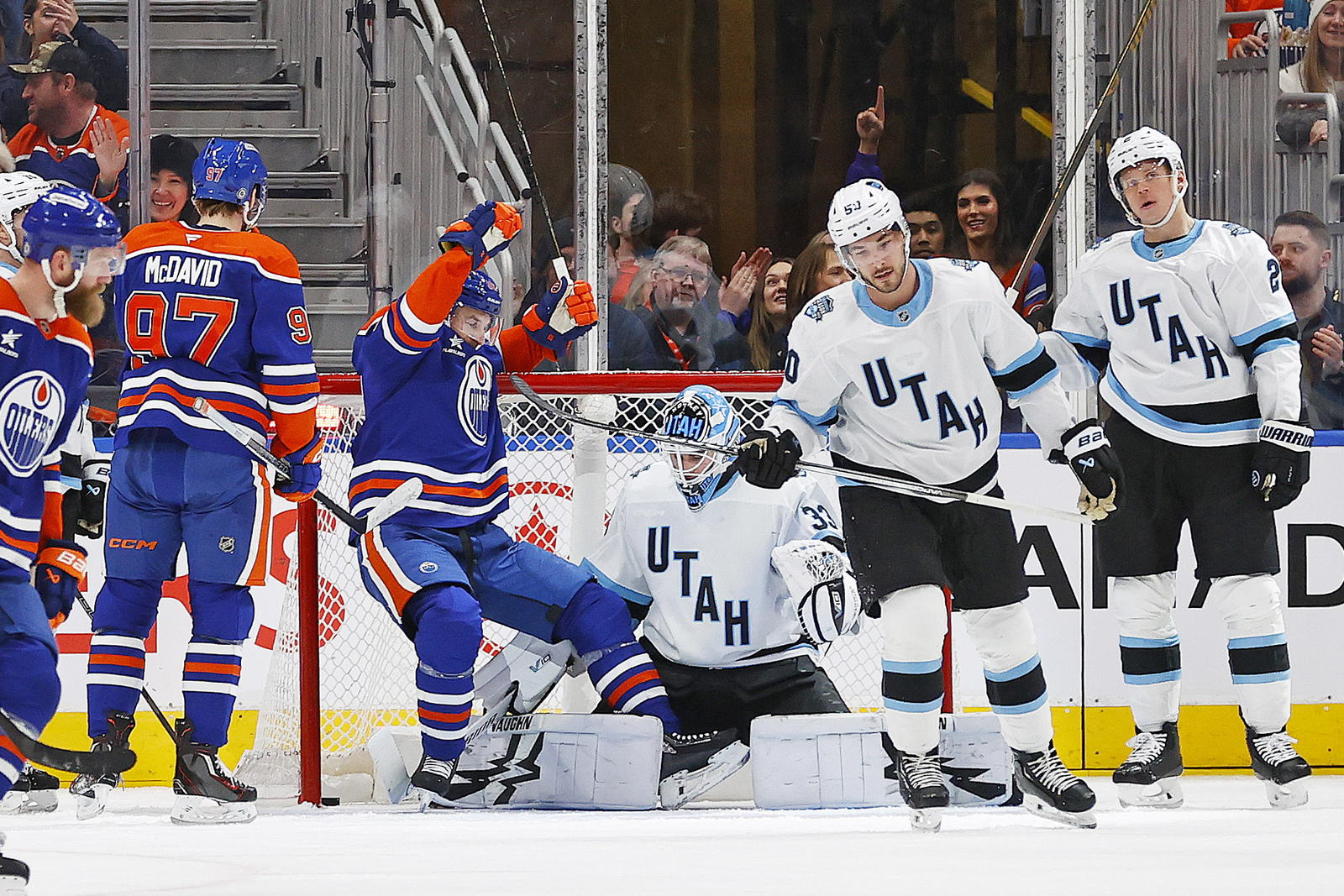 Mar 18, 2025; Edmonton, Alberta, CAN; The Edmonton Oilers celebrate a goal scored by forward Zach Hyman (18), his second of the game during the second period against the Utah Hockey Club at Rogers Place. Mandatory Credit: Perry Nelson-Imagn Images