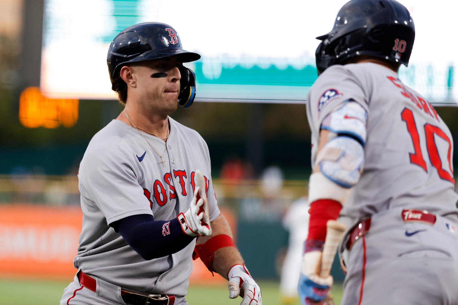 Sep 9, 2025; West Sacramento, California, USA; Boston Red Sox first baseman Romy Gonzalez (23) celebrates with shortstop Trevor Story (10) after hitting a solo home run during the first inning against the Athletics at Sutter Health Park. (Sergio Estrada/Imagn Images)