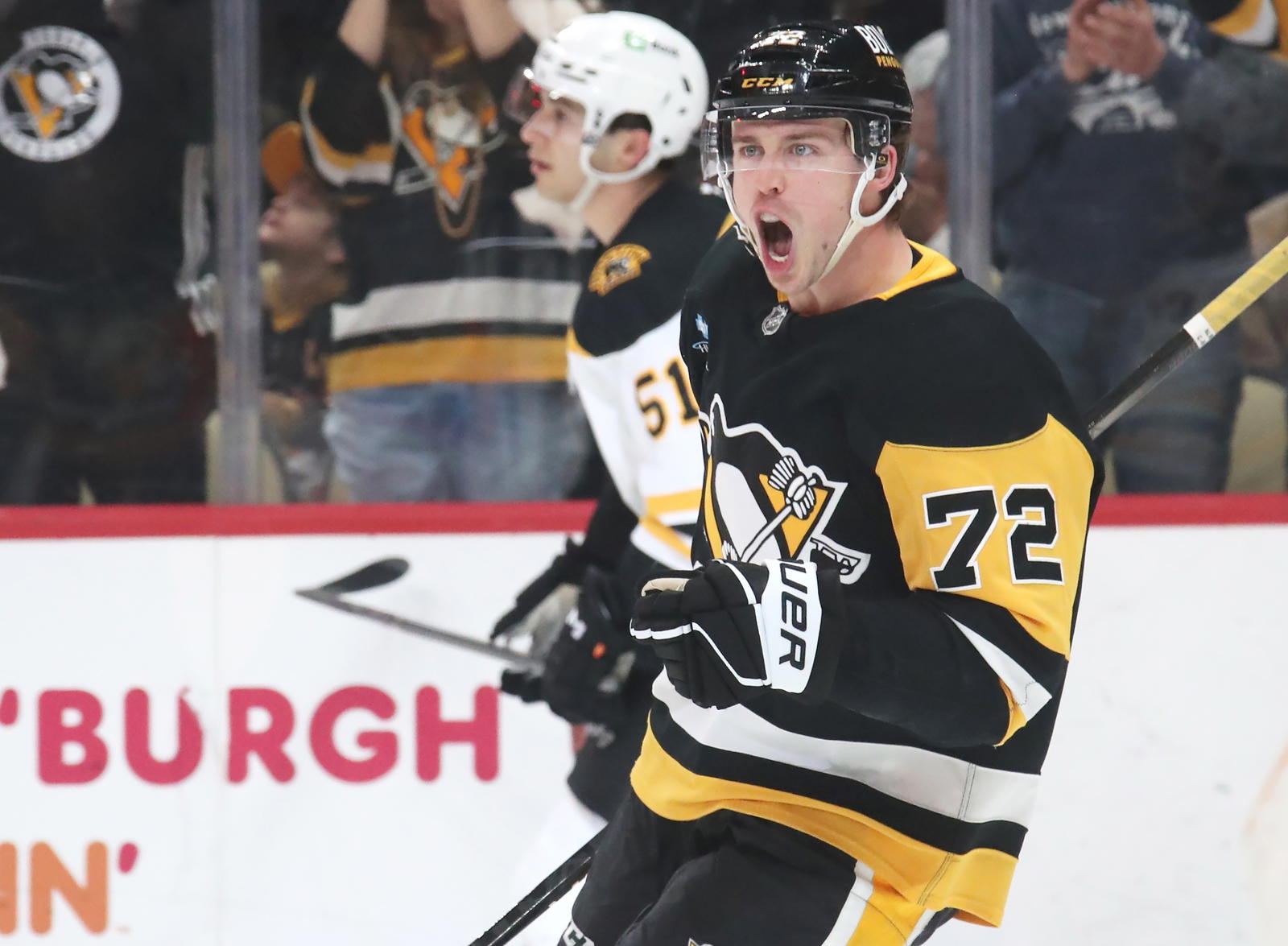 Mar 1, 2025; Pittsburgh, Pennsylvania, USA; Pittsburgh Penguins left wing Anthony Beauvillier (72) reacts after scoring a short-handed goal against the Boston Bruins during the third period at PPG Paints Arena. (Charles LeClaire-Imagn Images)