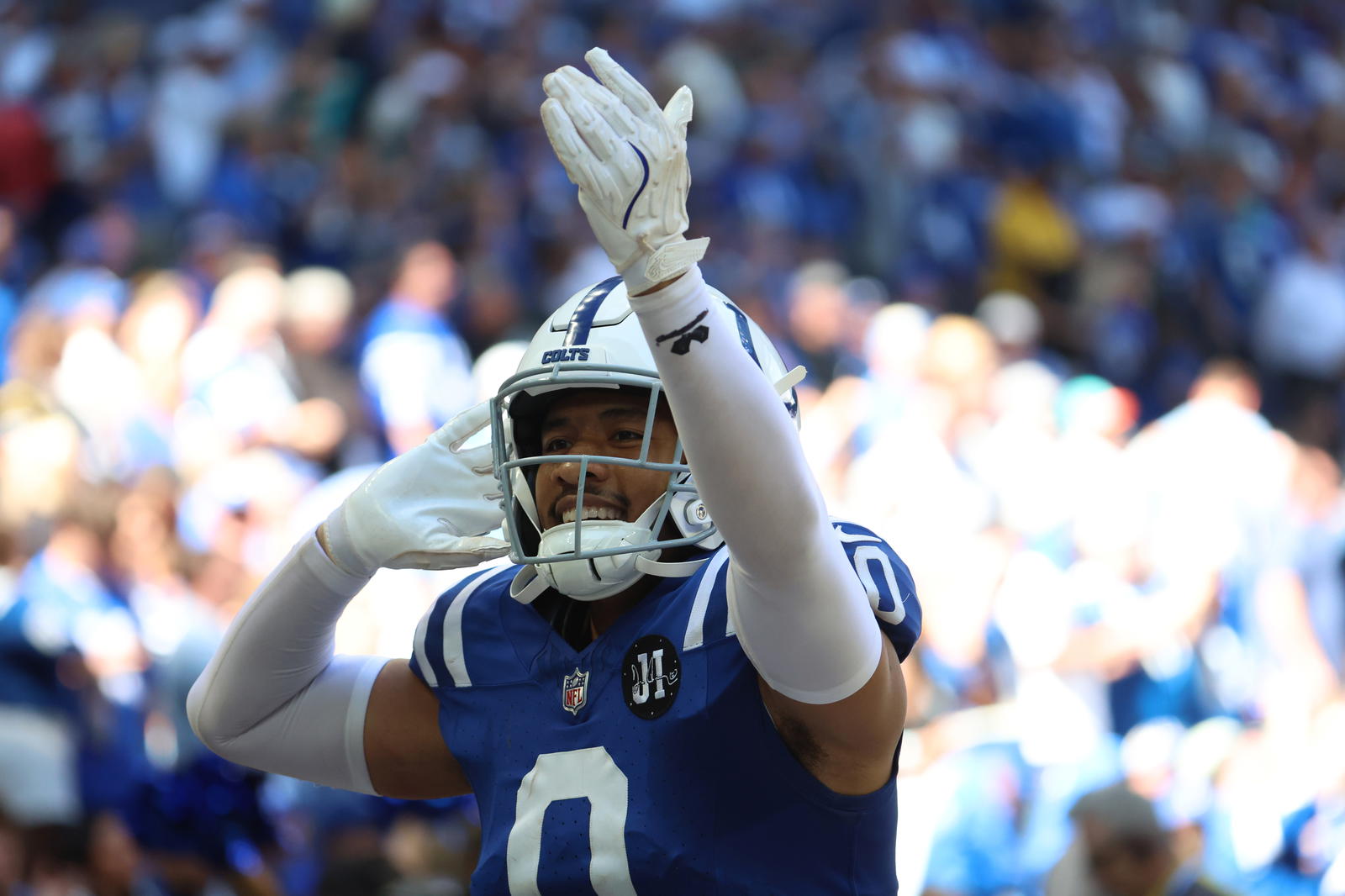 Indianapolis Colts safety Cam Bynum (0) reacts after a play during the second half against the Miami Dolphins at Lucas Oil Stadium. Mandatory Credit: Trevor Ruszkowski-Imagn Images