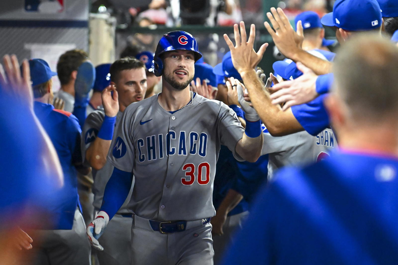 Chicago Cubs outfielder Kyle Tucker celebrates a home run. Credit: Jonathan Hui-Imagn Images.