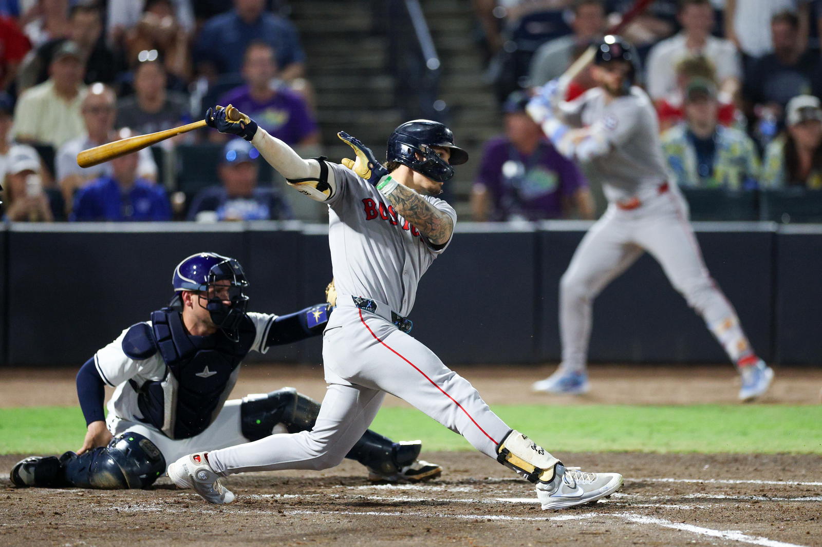 Boston Red Sox left fielder Jarren Duran (16) singles against the Tampa Bay Rays in the third inning at George M. Steinbrenner Field. Nathan Ray Seebeck-Imagn Images