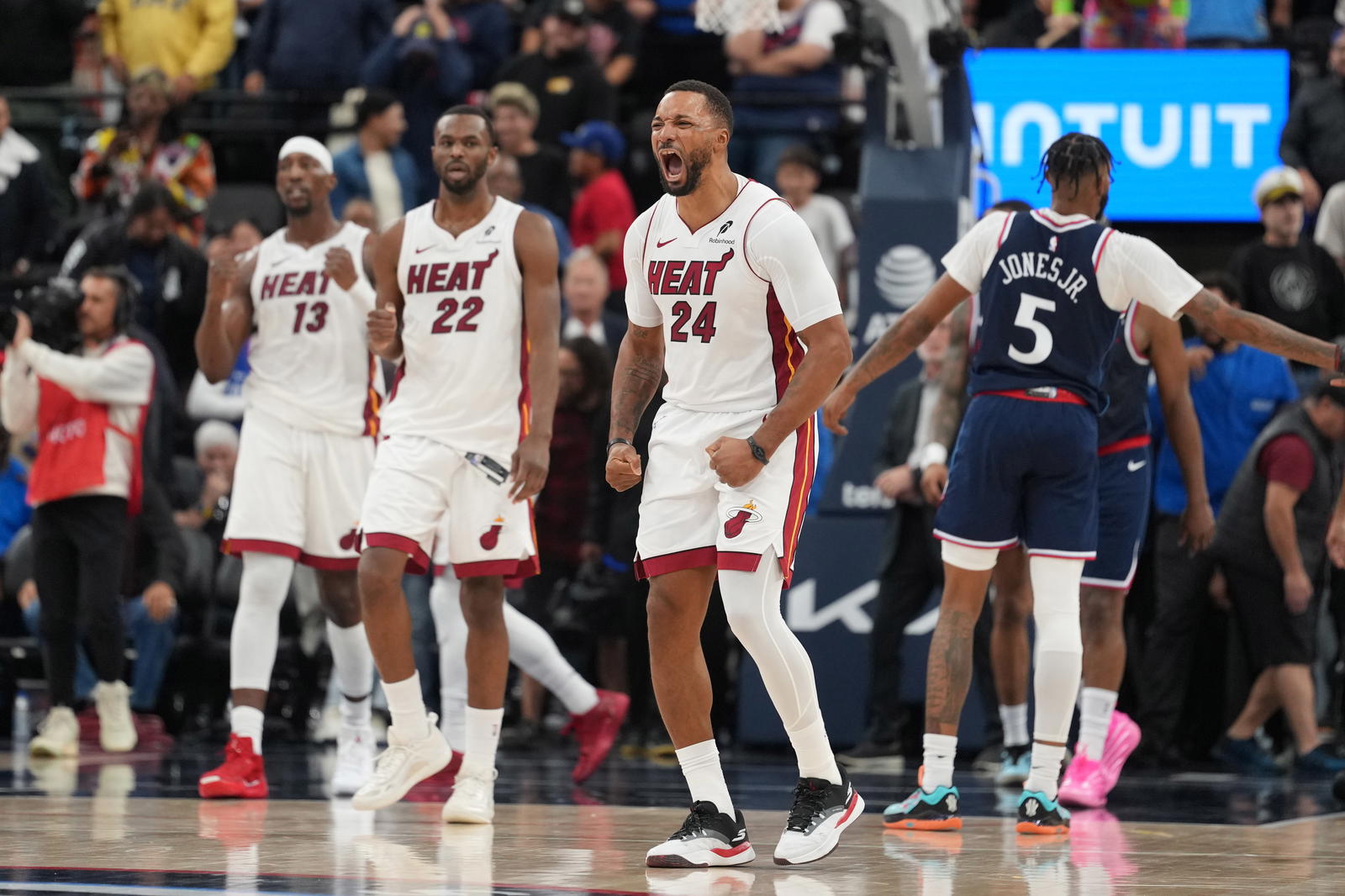 Miami Heat guard Norman Powell (24) celebrates at the end of the game against the LA Clippers at Intuit Dome.&nbsp;Kirby Lee-Imagn Images
