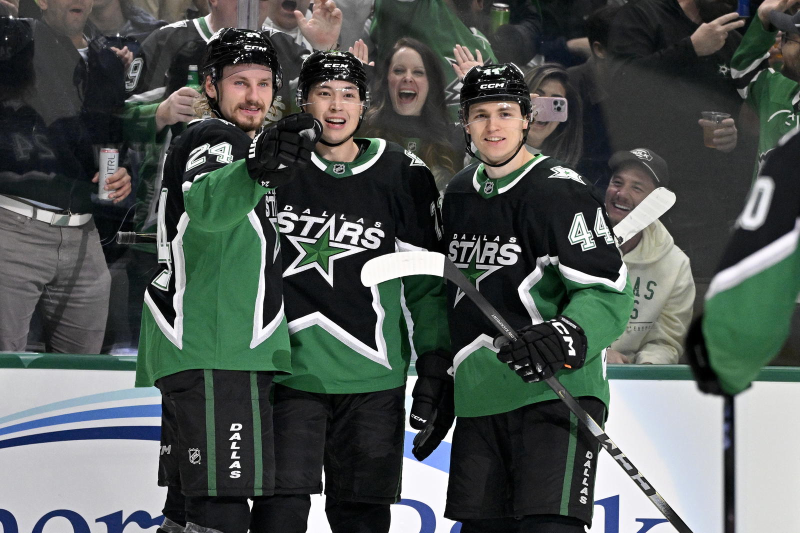 Dallas Stars center Roope Hintz (24) and left wing Jason Robertson (21) and defenseman Vladislav Kolyachonok (44) celebrates a goal scored by Robertson against the Utah Mammoth during the second period at the American Airlines Center. Credit: Jerome Miron-Imagn Images