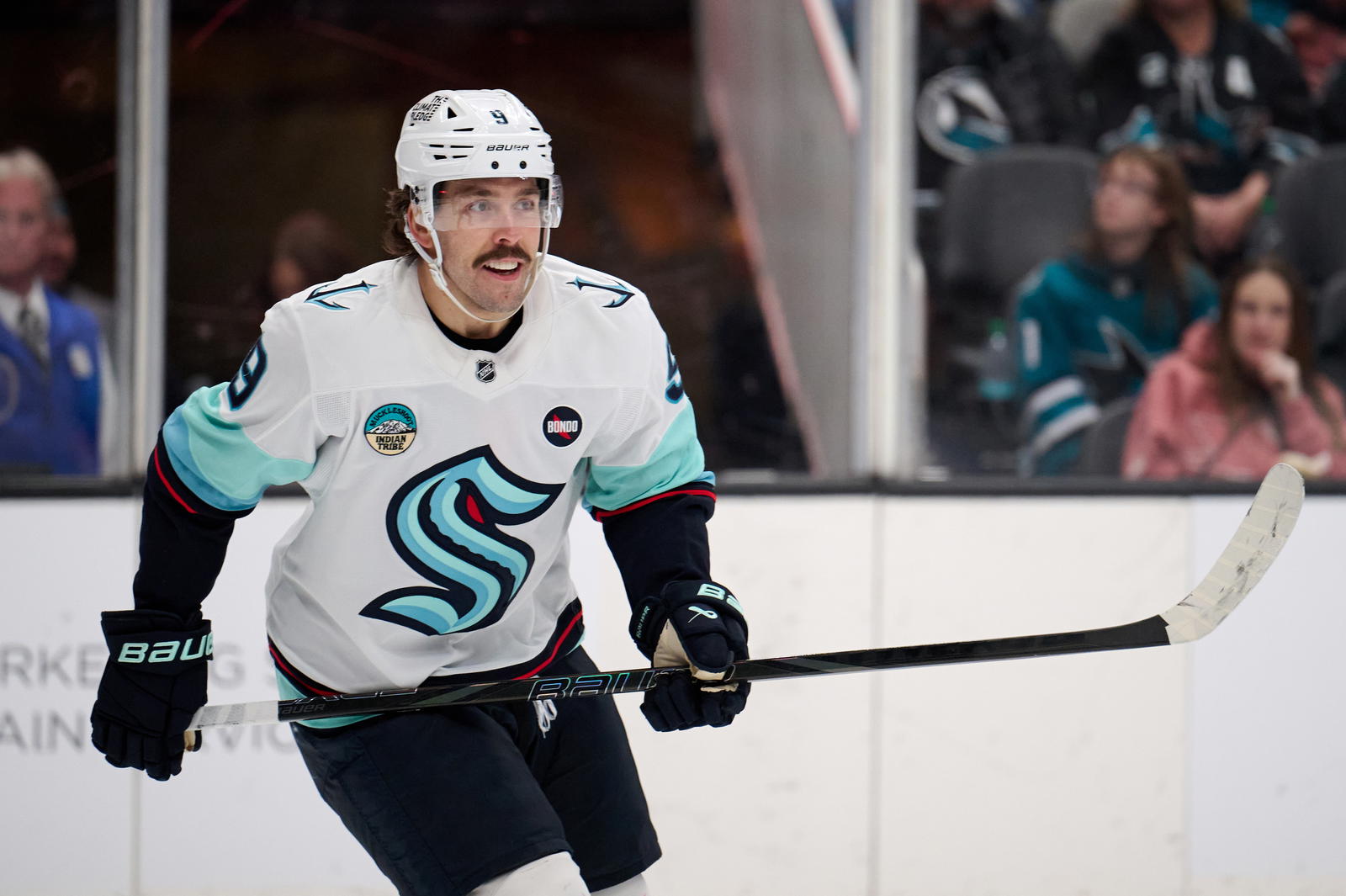 Seattle Kraken center Chandler Stephenson (9) skates against the San Jose Sharks during the third period at SAP Center at San Jose. Mandatory Credit: Robert Edwards-Imagn Images