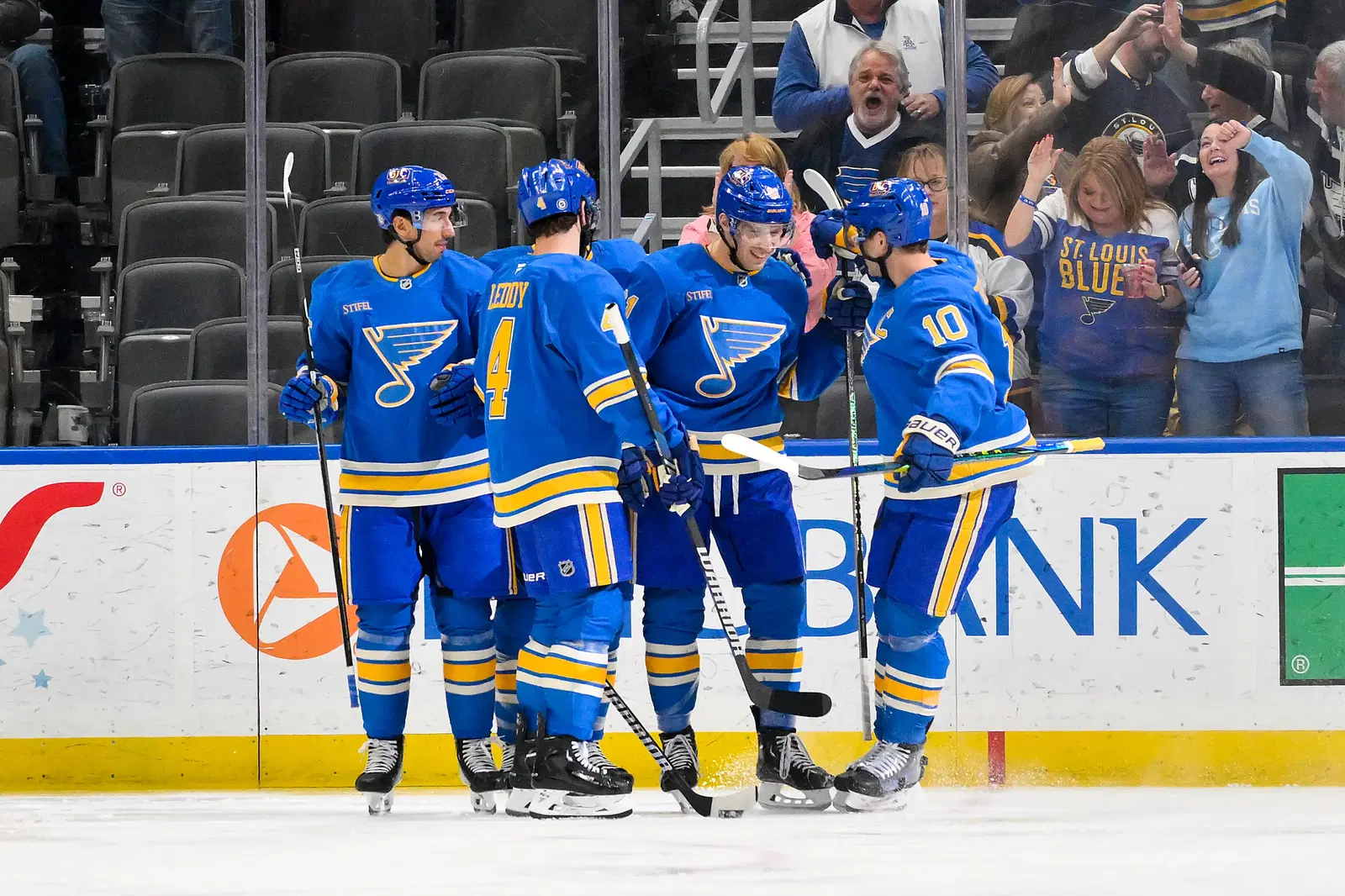 The St. Louis Blues, including (l-r) Jordan Kyrou, Nick Leddy, Dylan Holloway and Brayden Schenn have a lot to smile and be happy about as of late. (Jeff Curry-Imagn Images)