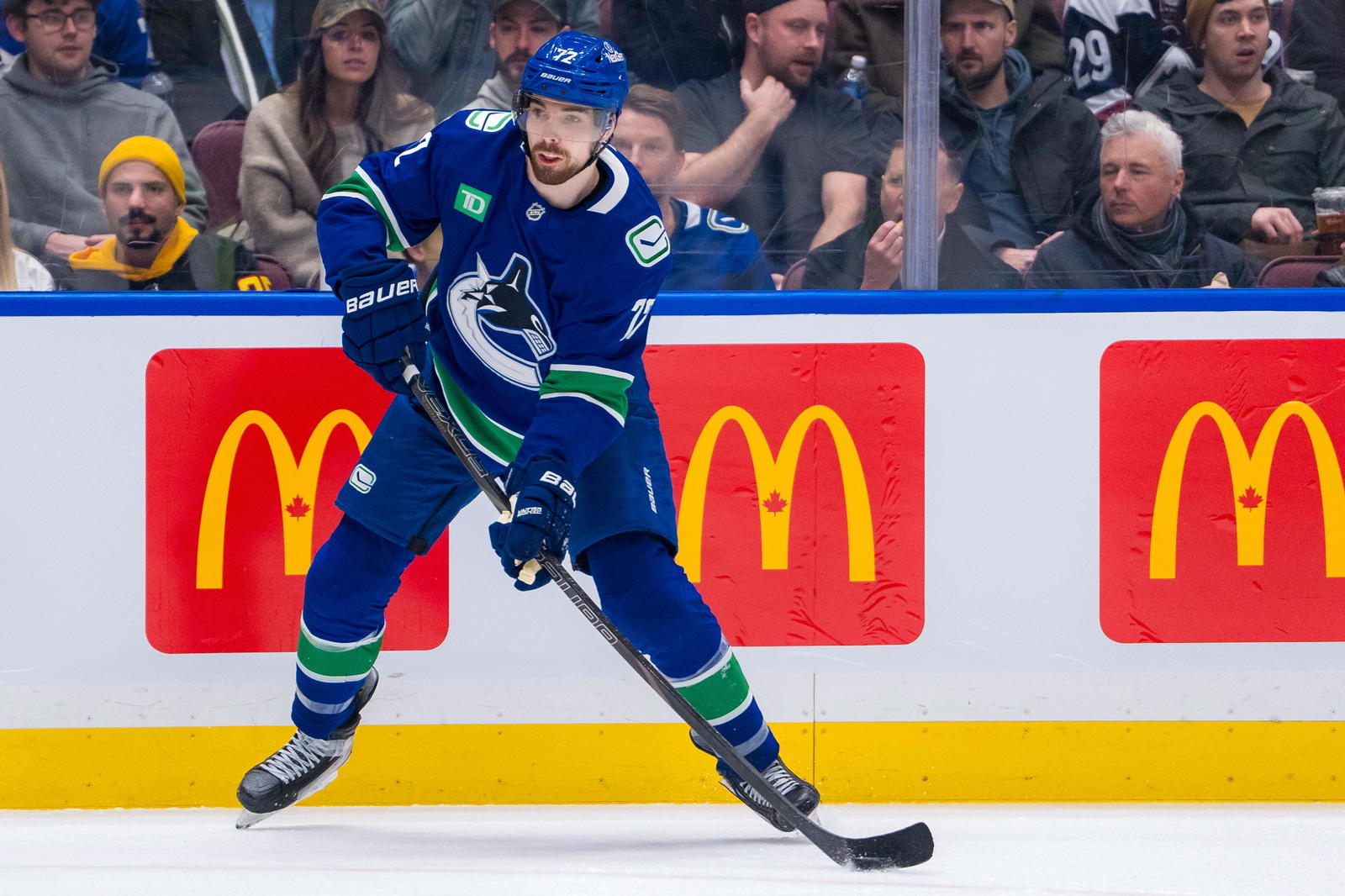 Feb 4, 2025; Vancouver, British Columbia, CAN; Vancouver Canucks forward Filip Chytil (72) shoots against the Colorado Avalanche in the second period at Rogers Arena. Mandatory Credit: Bob Frid-Imagn Images