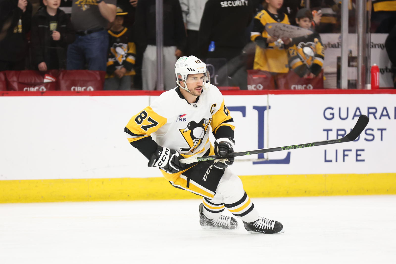 Apr 6, 2025; Chicago, Illinois, USA; Pittsburgh Penguins center Sidney Crosby (87) warms up before a game against the Chicago Blackhawks at United Center. Mandatory Credit: Talia Sprague-Imagn Images