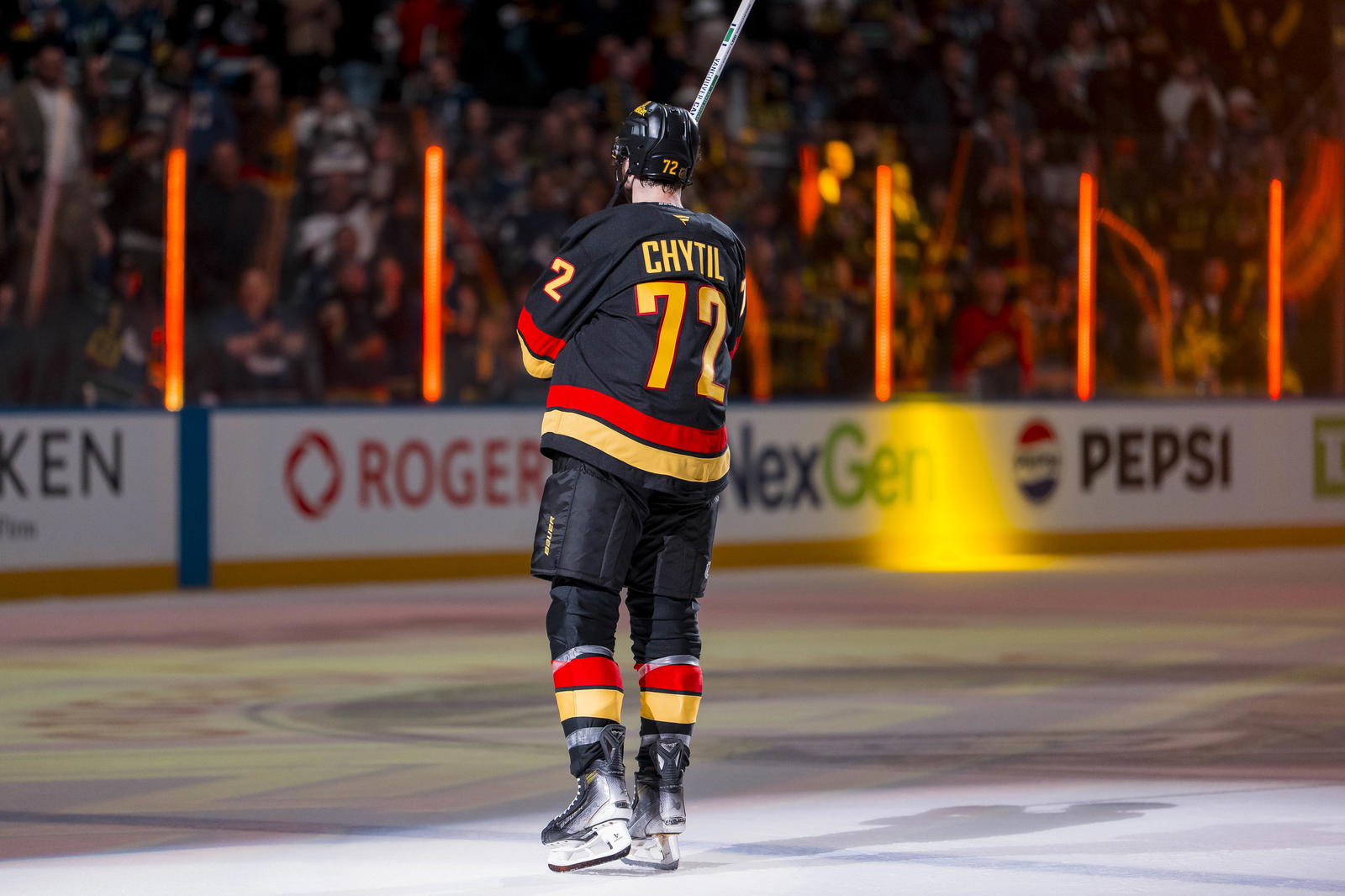 Oct 9, 2025; Vancouver, British Columbia, CAN; Vancouver Canucks forward Filip Chytil (72) skates out as the game’s first star against the Calgary Flames at Rogers Arena. Mandatory Credit: Bob Frid-Imagn Images