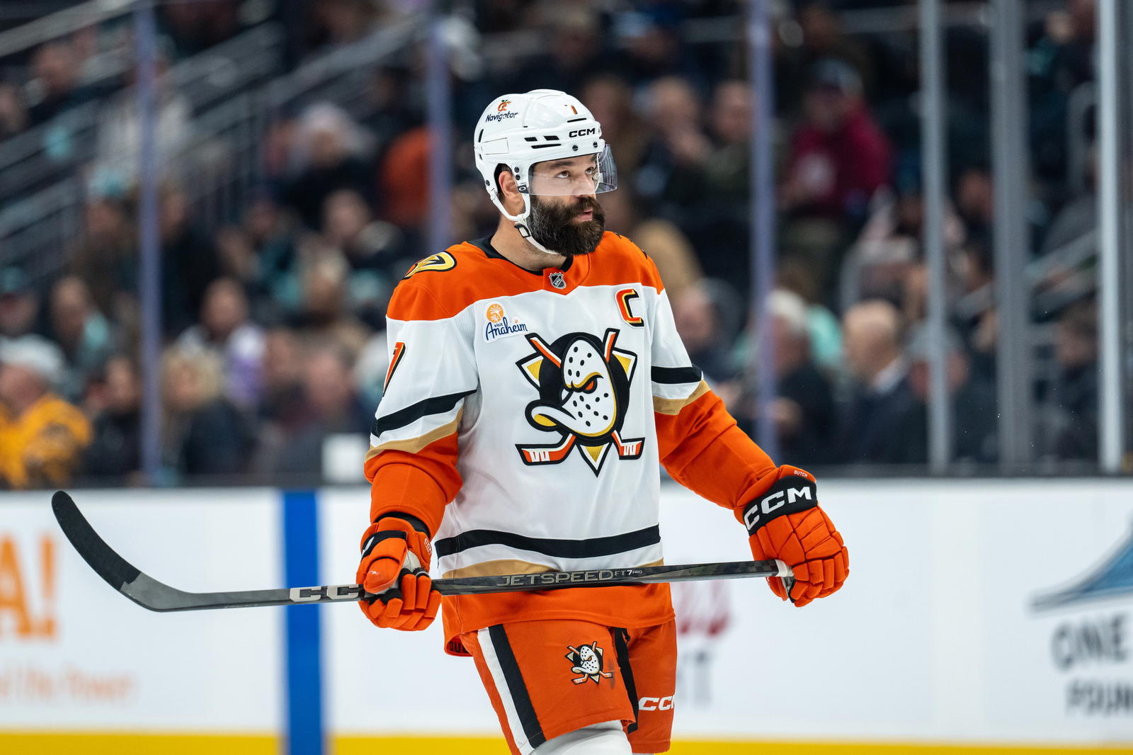 Jan 28, 2025; Seattle, Washington, USA; Anaheim Ducks defenseman Radko Gudas (7) is pictured during a game against the Seattle Kraken at Climate Pledge Arena. Mandatory Credit: Stephen Brashear-Imagn Images