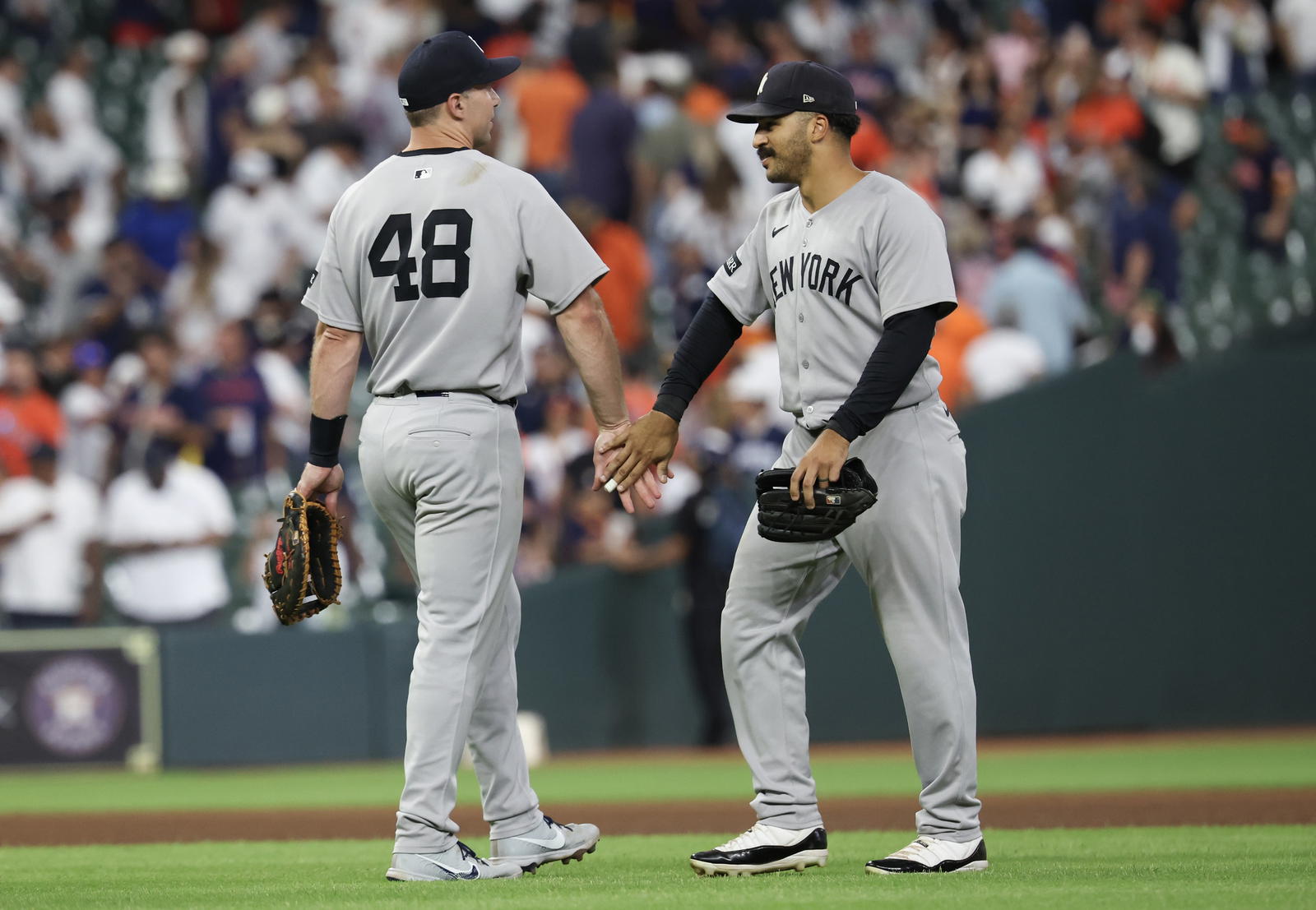 New York Yankees first baseman Paul Goldschmidt with outfielder Trent Grisham. Credit:&nbsp;Thomas Shea-Imagn Images.