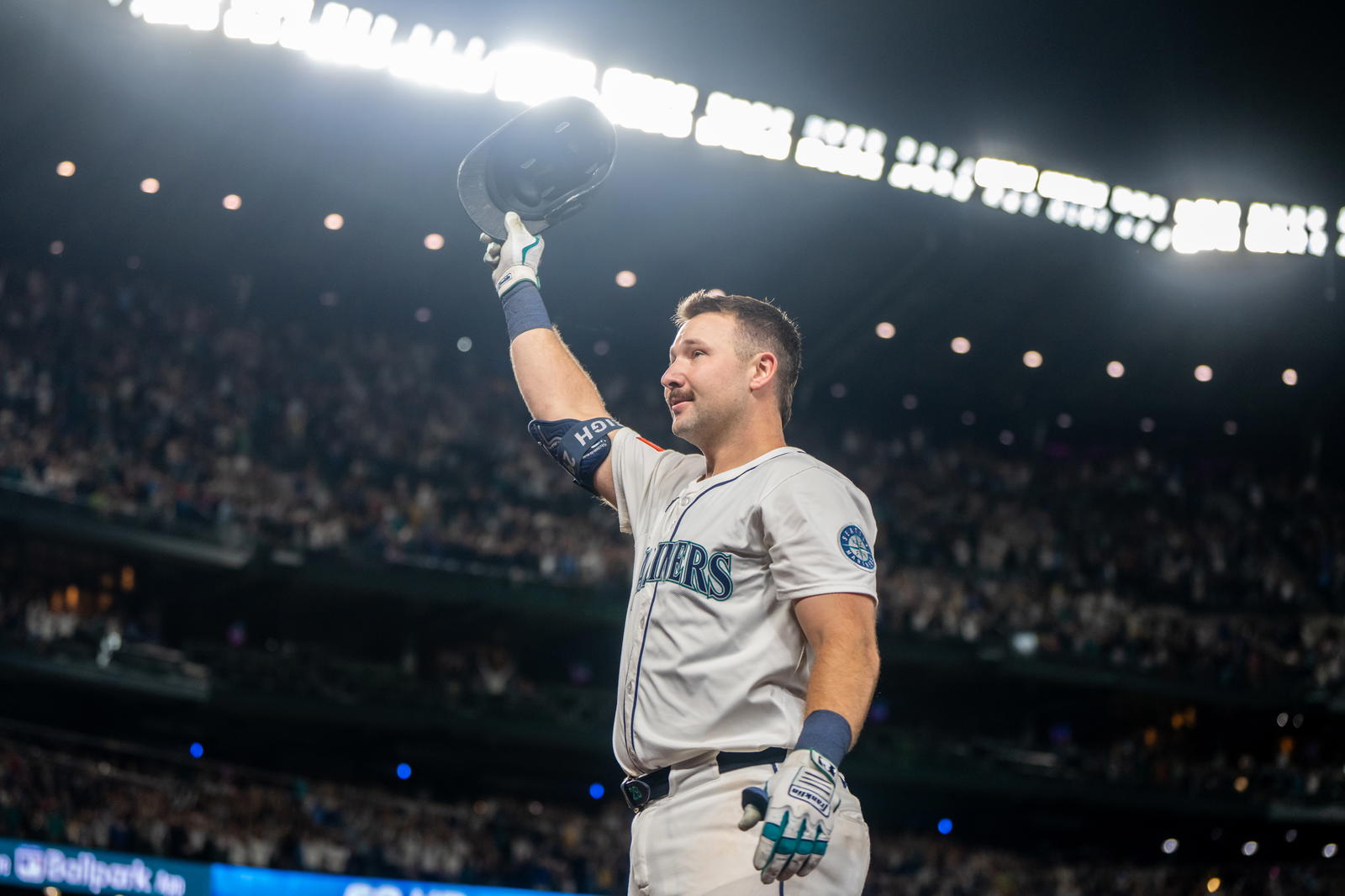Seattle Mariners catcher Cal Raleigh (29) acknowledges the crowd after hitting his 60th home run of the season during the eighth inning against the Colorado Rockies at T-Mobile Park. Stephen Brashear-Imagn Images
