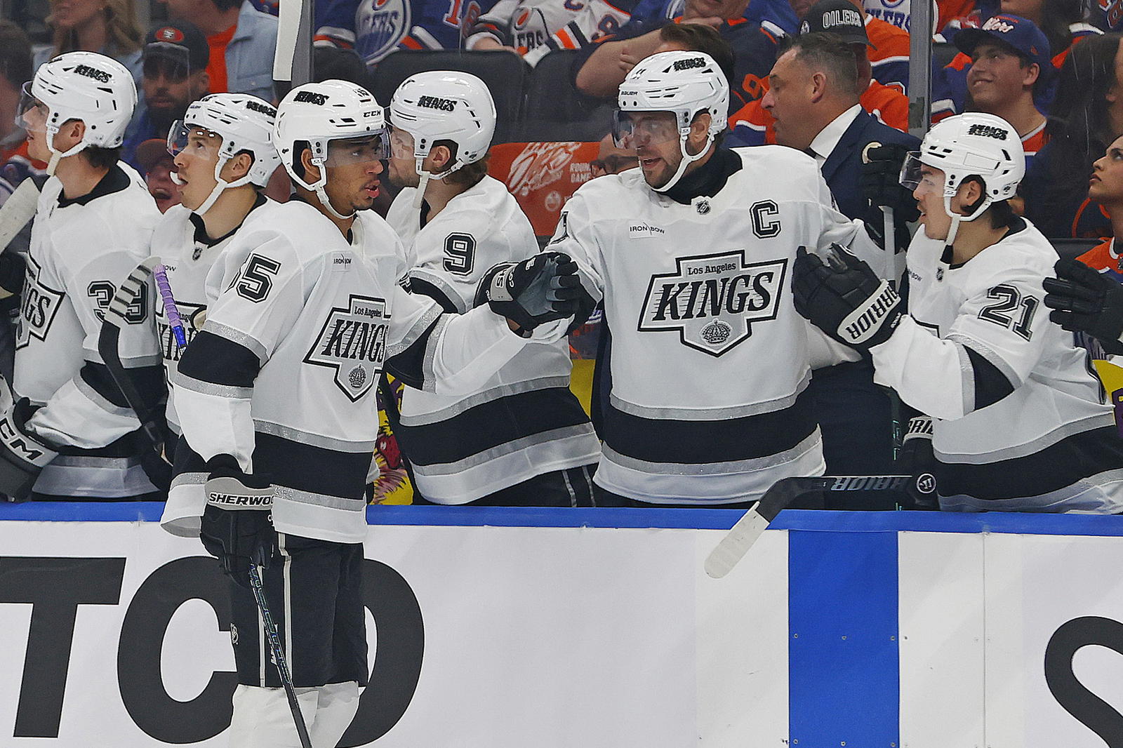 The Los Angeles Kings celebrate a goal by Quinton Byfield during the first period against the Edmonton Oilers in Game 6 of the first round of the 2025 Stanley Cup playoffs. (Perry Nelson-Imagn Images)