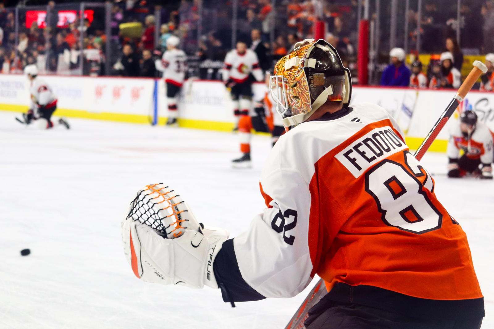 Philadelphia Flyers goaltender Ivan Fedotov (82) during warmups at the Wells Fargo Center on Mar. 11, 2025. (Megan DeRuchie-The Hockey News)