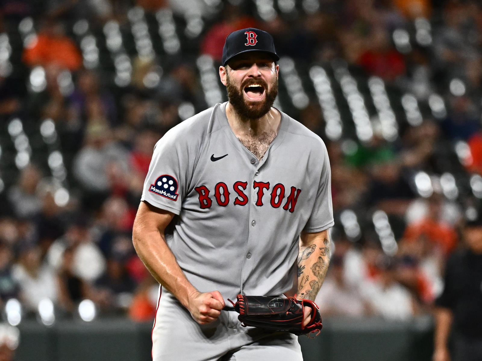 Aug 26, 2025; Baltimore, Maryland, USA; Boston Red Sox pitcher Lucas Giolito (54) reacts to a strikeout to end the eighth inning against the Baltimore Orioles at Oriole Park at Camden Yards. (James A. Pittman/Imagn Images)
