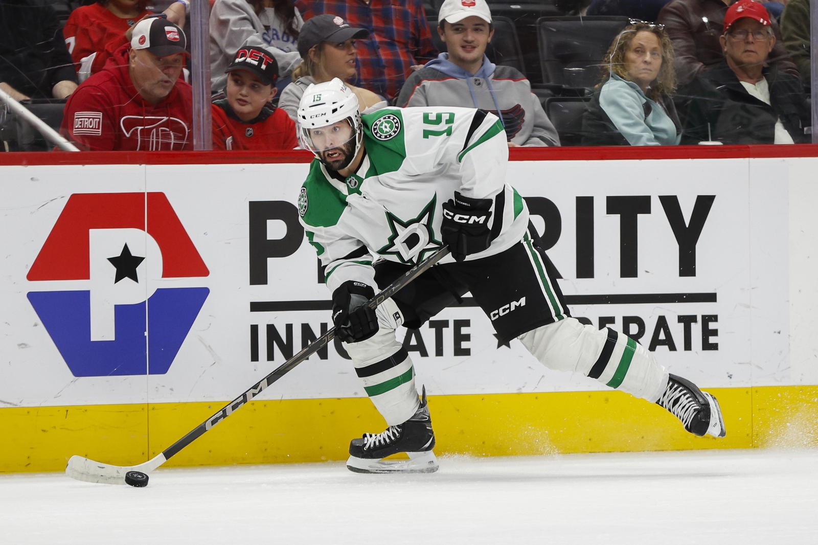 Apr 14, 2025; Detroit, Michigan, USA; Dallas Stars center Colin Blackwell (15) handles the puck during the first period against the Detroit Red Wings at Little Caesars Arena. Mandatory Credit: Brian Bradshaw Sevald-Imagn Images.<br>